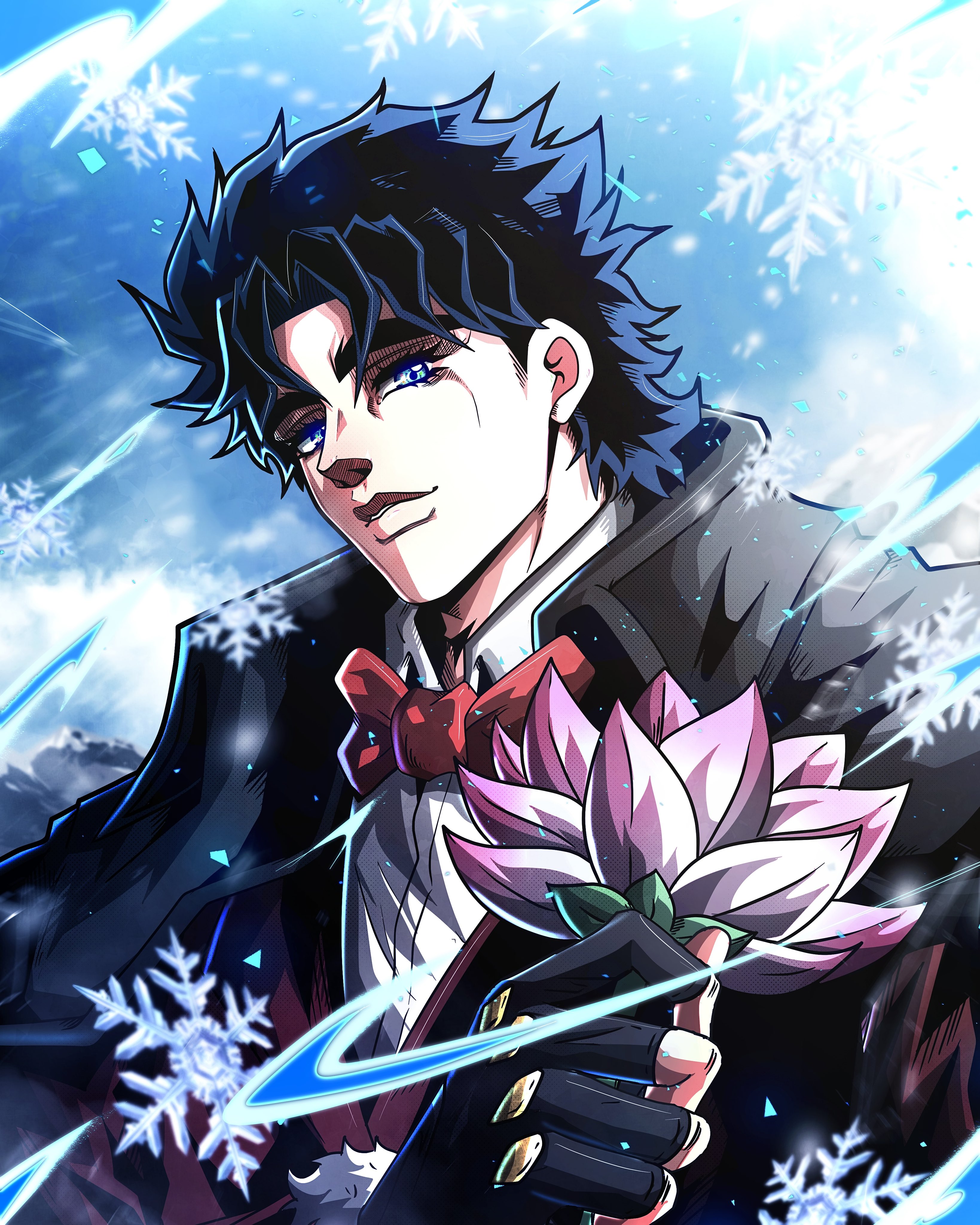 noonvincent, jonathan joestar, jojo no kimyou na bouken, phantom blood, absurdres, commentary, english commentary, highres, 1boy, alternate costume, black gloves, blue eyes, blue hair, bow, bowtie, cape, collared shirt, fingerless gloves, flower, gloves, gradient flower, grey cape, holding, holding flower, jacket, looking at viewer, male focus, pink flower, red bow, red bowtie, red jacket, shirt, short hair, smile, snowflakes, solo, white flower, white shirt