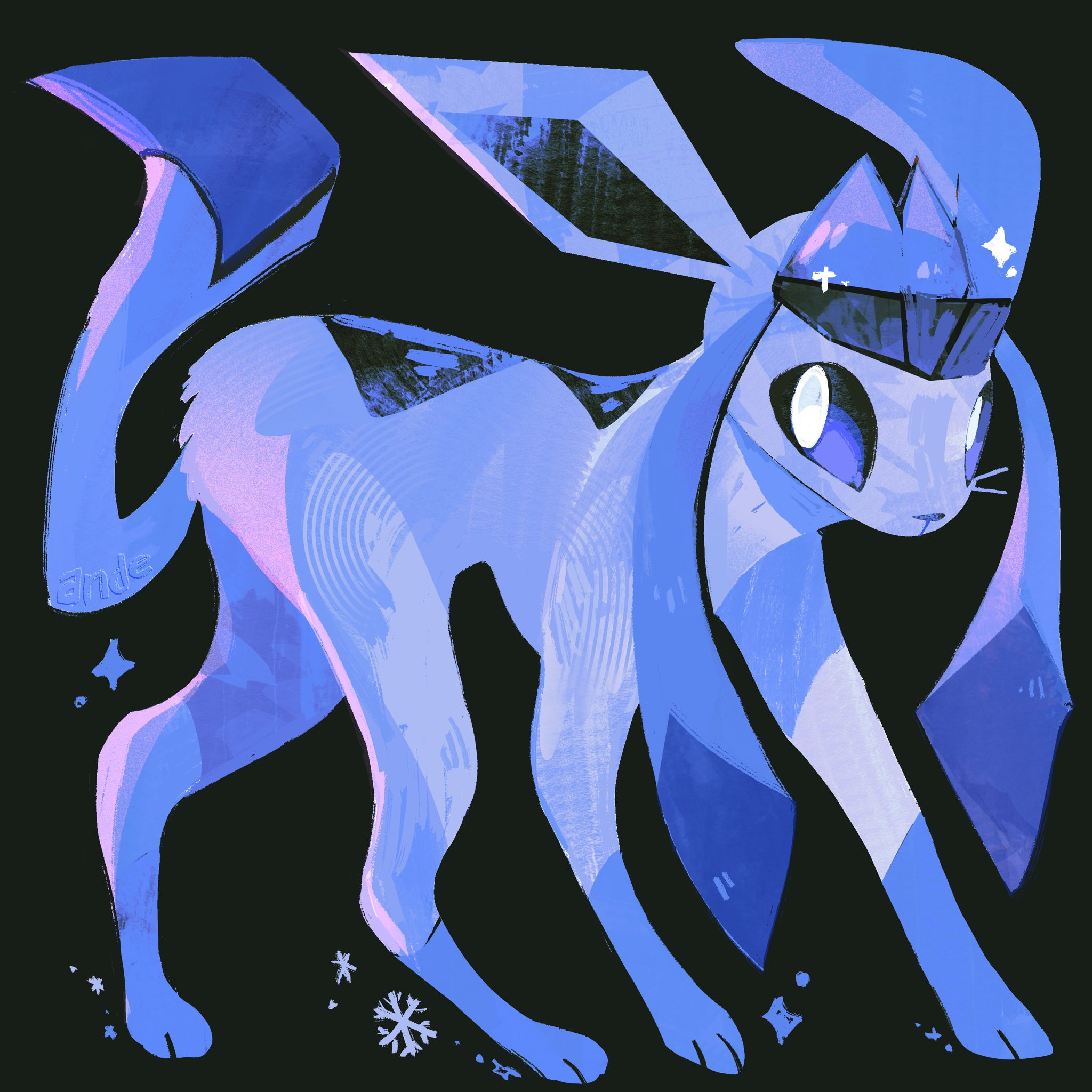 andewitt, glaceon, nintendo, pokemon, commentary, english commentary, highres, animal focus, artist name, black background, blue eyes, bright pupils, full body, gen 4 pokemon, no humans, pokemon (creature), pokemon focus, simple background, snowflakes, solo, standing, white pupils