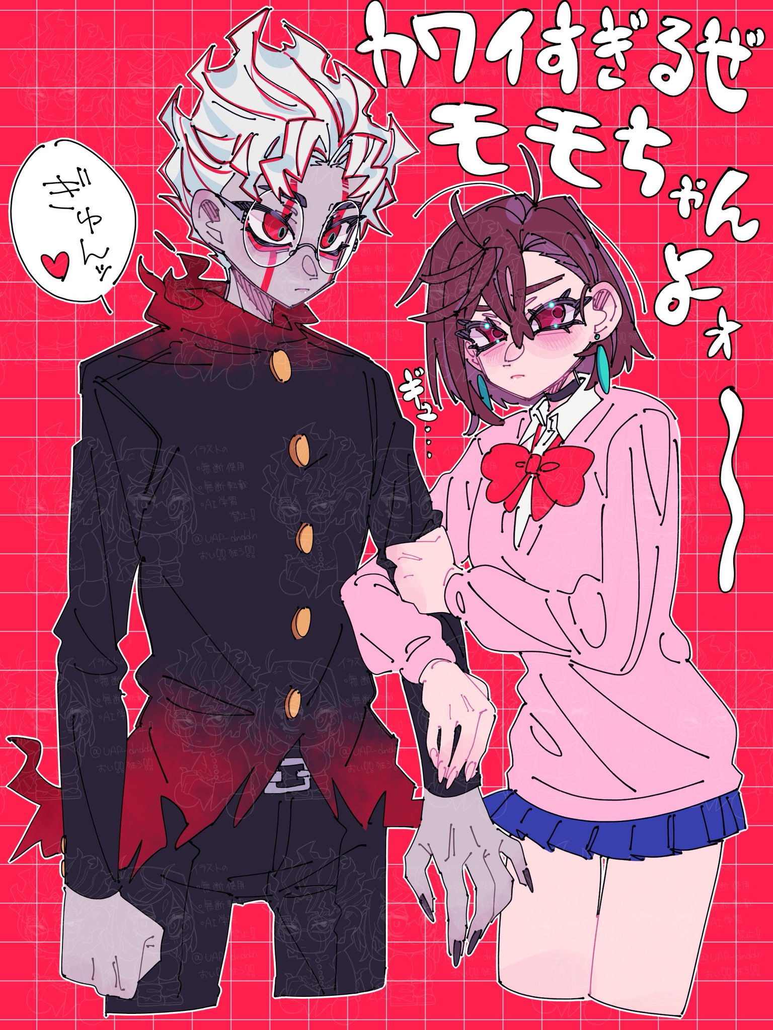 dandadan, commentary request, highres, 1boy, 1girl, black choker, black jacket, black nails, black pants, blue skirt, blush, bow, bowtie, breasts, brown hair, choker, collared shirt, cowboy shot, cropped legs, crossed bangs, earrings, facial mark, fingernails, gakuran, gold buttons, grey skirt, grid background, hair between eyes, hetero, holding another's arm, jacket, jewelry, long fingernails, medium breasts, multicolored hair, nail polish, pants, parted bangs, pink sweater, pleated skirt, red background, red bow, red bowtie, red eyes, red hair, school uniform, shirt, shirt under sweater, short hair, skirt, streaked hair, sweater, uap dnddn, wavy hair, white hair, white shirt