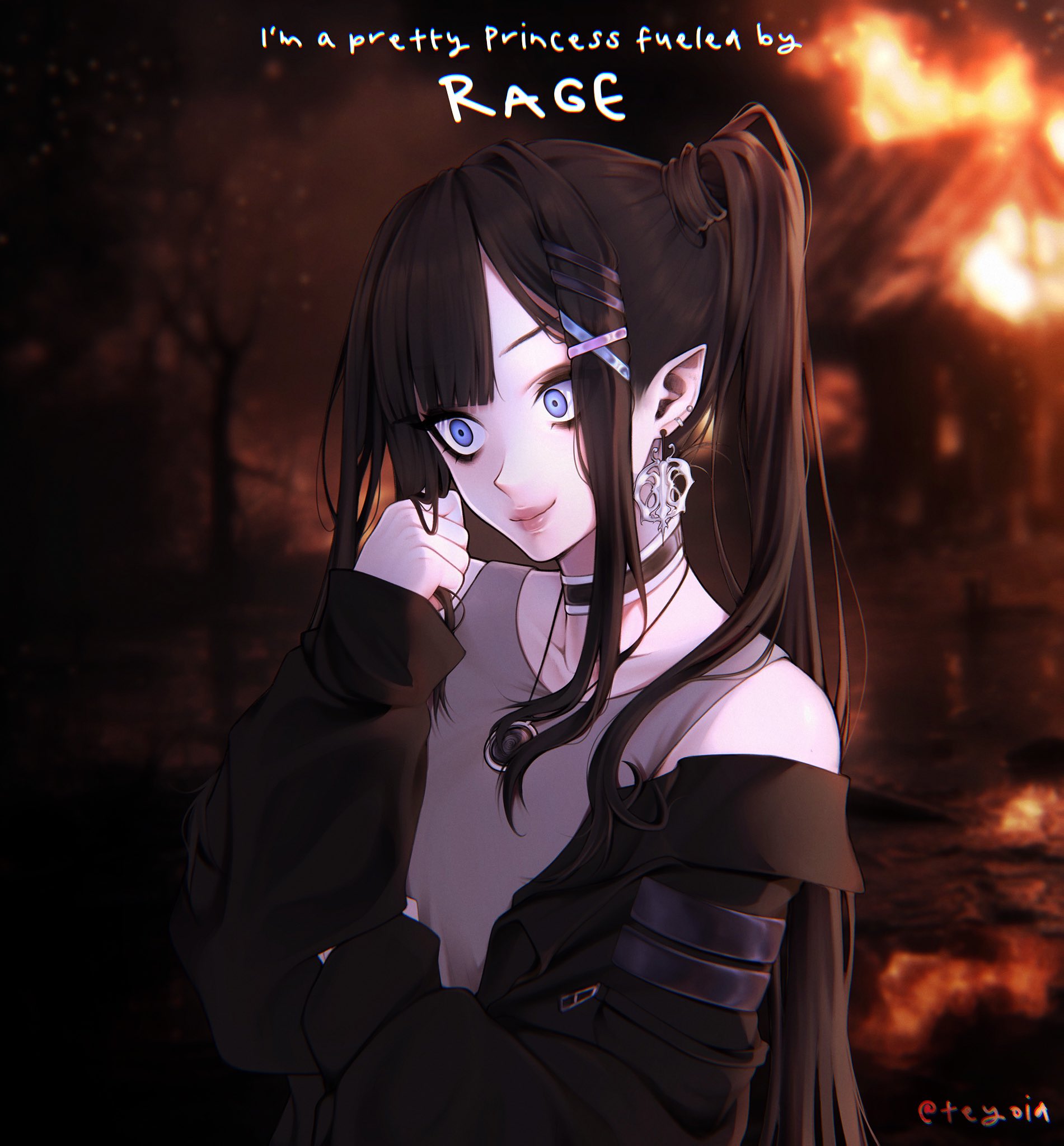 teyoid, original, commentary, english commentary, highres, 1girl, black choker, black eyeshadow, black gem, black jacket, blue eyes, blurry, blurry background, building, burning, choker, closed mouth, constricted pupils, crazy eyes, destruction, ear piercing, earrings, english text, eyeshadow, fire, gem, grabbing own hair, grey tank top, hair ornament, hairclip, hand up, holding, holding own hair, jacket, jewelry, lips, long hair, long sleeves, makeup, necklace, night, nose, open clothes, open jacket, outdoors, parallel hairclips, parted bangs, piercing, pointy ears, smile, solo, tank top, twintails, upper body, wide-eyed, x hair ornament