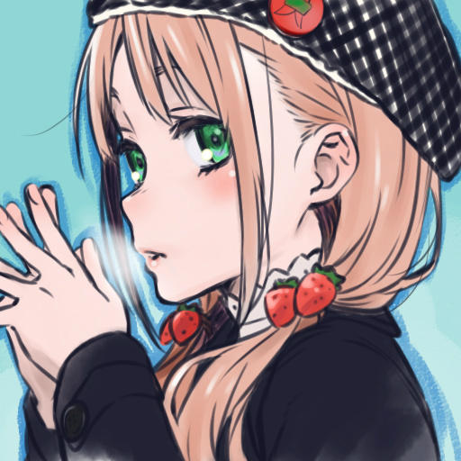 tanaka masayoshi, original, commentary request, 1girl, blonde hair, breath, food-themed hair ornament, green eyes, hair ornament, hat, looking at viewer, low twintails, parted lips, solo, steepled fingers, strawberry hair ornament, twintails, upper body