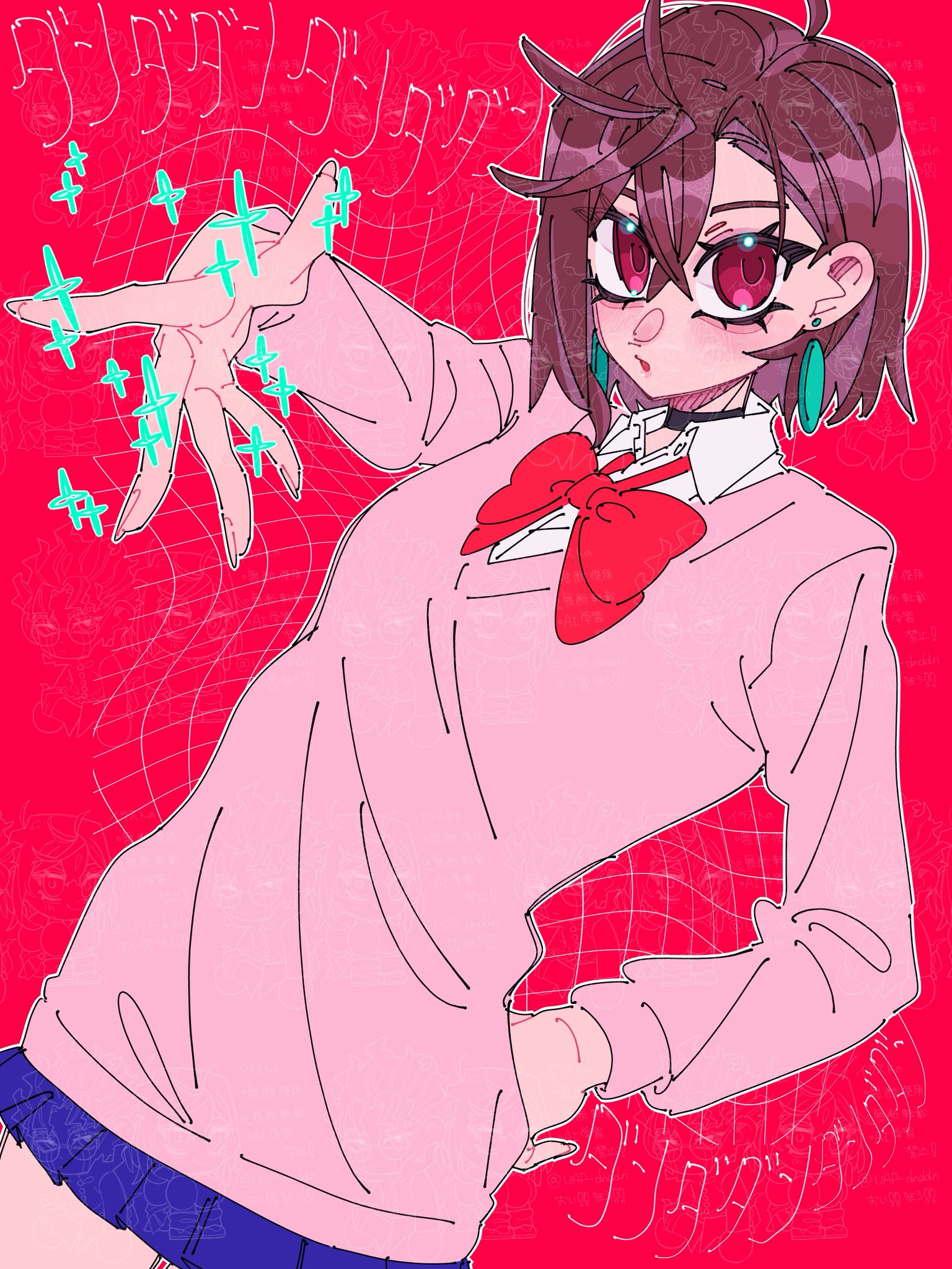 ayase momo, dandadan, commentary request, highres, 1girl, black choker, blue skirt, bow, bowtie, breasts, brown hair, choker, collared shirt, copyright name, cowboy shot, crossed bangs, earrings, hair between eyes, hand on own hip, jewelry, looking at viewer, medium breasts, outstretched hand, parted lips, pink sweater, pleated skirt, red background, red bow, red bowtie, red eyes, school uniform, shirt, shirt under sweater, short hair, skirt, solo, sparkle, sweater, uap dnddn, white shirt