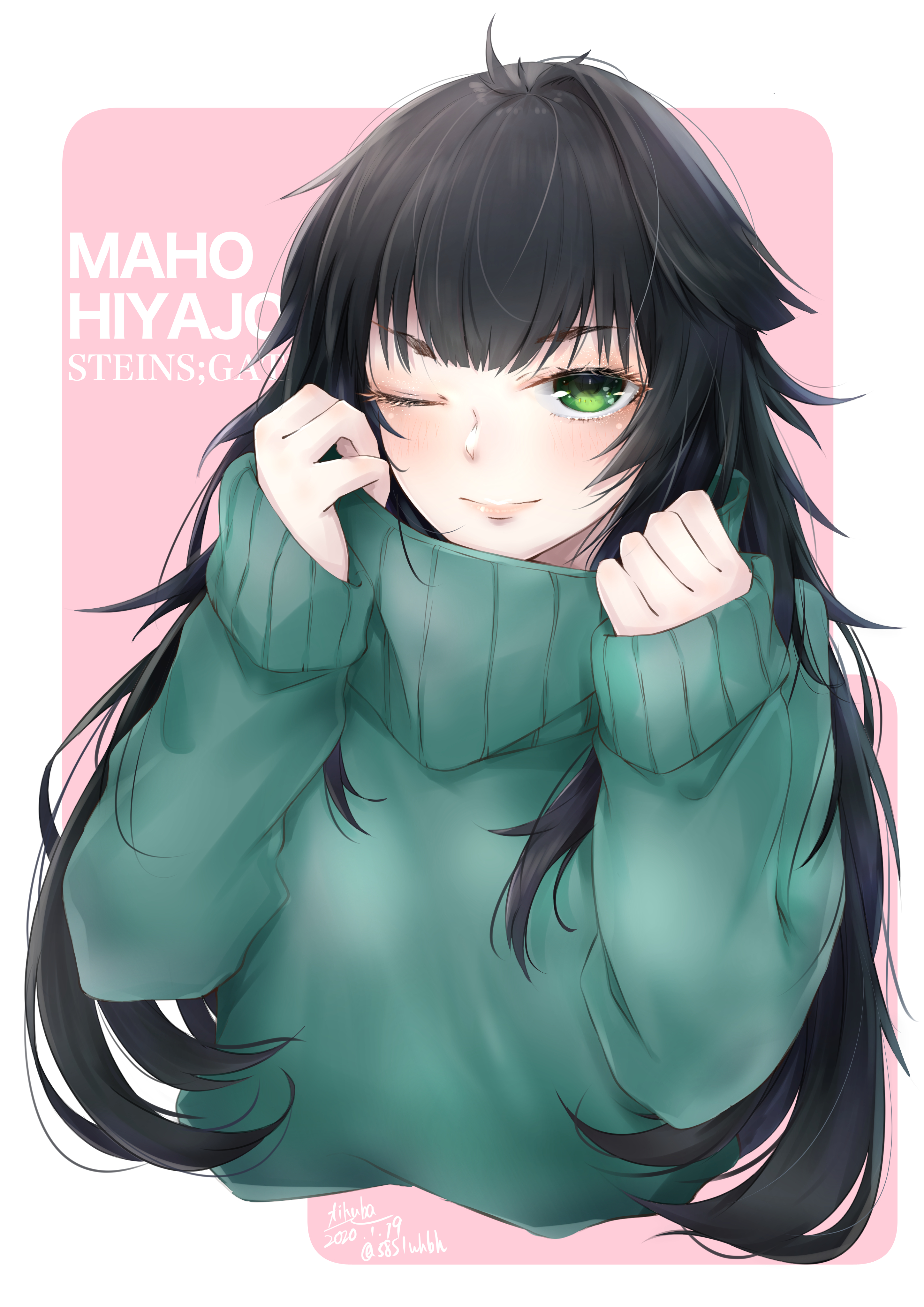 yakku, hiyajou maho, science adventure, steins;gate, absurdres, commentary request, highres, 1girl, ;), artist name, blunt bangs, blush, closed mouth, dated, green eyes, green hair, green sweater, hands up, long hair, long sleeves, looking at viewer, one eye closed, pink background, ribbed sweater, signature, simple background, smile, solo, sweater, upper body