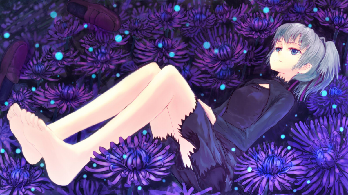 chourui keiko, yin (darker than black), darker than black, bad perspective, 00s, 1girl, bad feet, barefoot, blue eyes, brown shoes, feet, female focus, flower, grey hair, lying, ponytail, purple skirt, shoes, skirt, solo