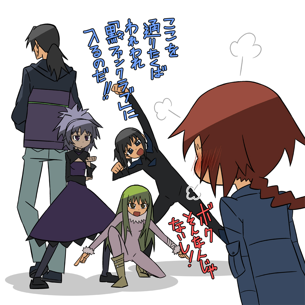 pai, yamaoka, amber (darker than black), hei (darker than black), suou pavlichenko, yin (darker than black), darker than black, translated, 00s, 1boy, 4girls, bai (darker than black), black hair, blonde hair, dress, ginyu force pose, long hair, multiple girls, pantyhose, purple dress, red hair, short hair, white hair