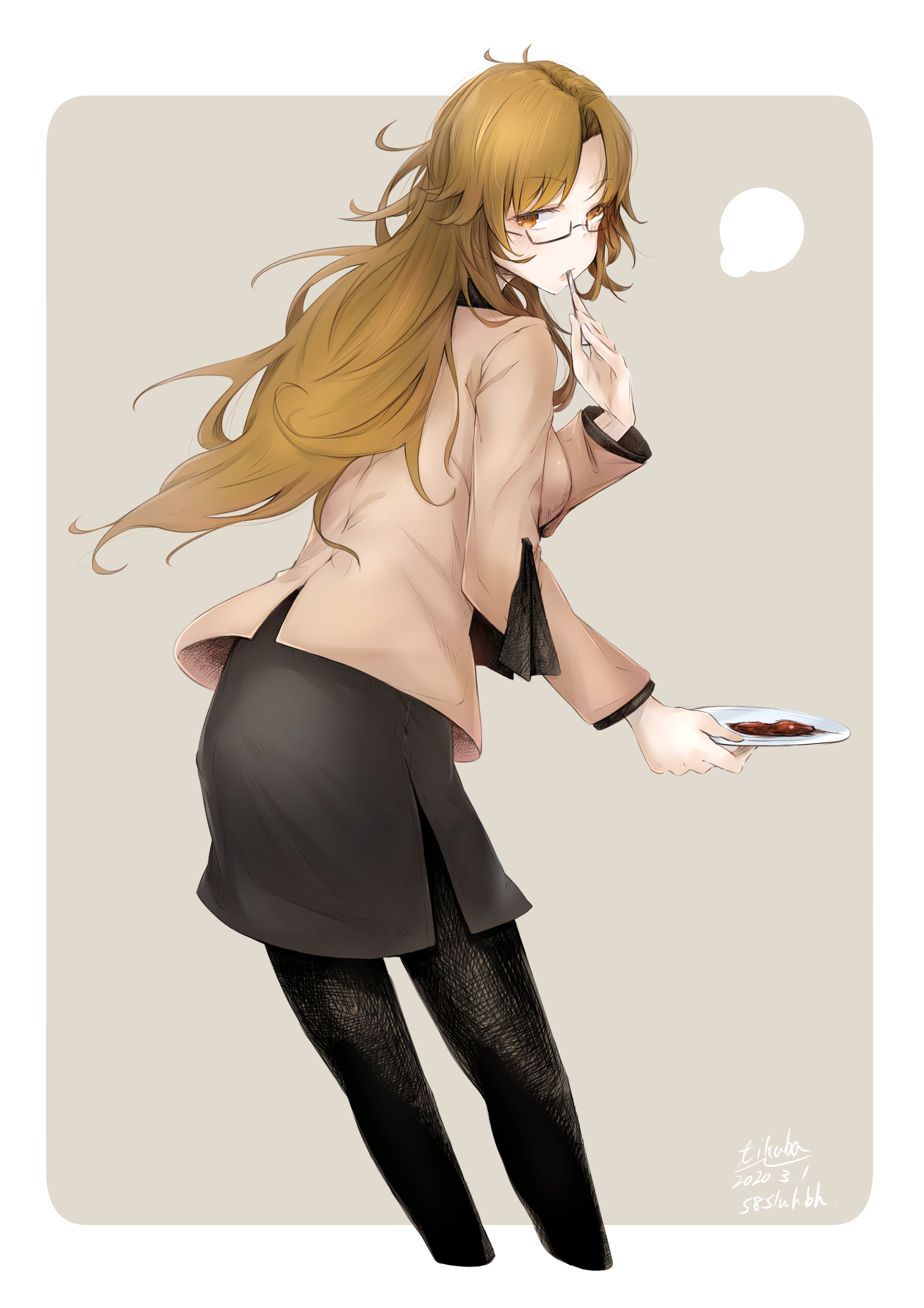 yakku, kiryuu moeka, science adventure, steins;gate, steins;gate 0, absurdres, commentary request, highres, 1girl, black pantyhose, blush, breasts, brown hair, brown jacket, closed mouth, cropped legs, expressionless, glasses, holding, holding plate, jacket, jitome, long hair, long sleeves, looking at viewer, medium breasts, miniskirt, pantyhose, pencil skirt, plate, signature, simple background, skirt, solo, standing, utensil in mouth, wavy hair