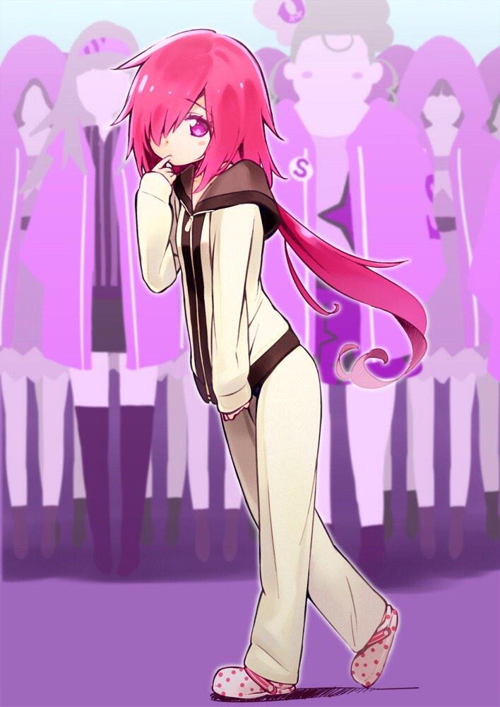 tanaka masayoshi, hojo sophy, pretty series, pripara, commentary request, 1girl, finger to mouth, full body, hair over one eye, long hair, looking at viewer, low ponytail, pajamas, pink hair, ponytail, purple eyes, slippers, solo focus