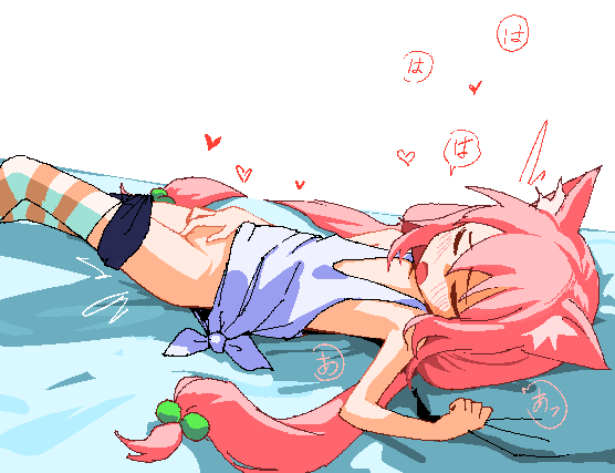 preamy kyuushi, nekomiya hinata, indie virtual youtuber, commentary, translation request, 1girl, animal ear fluff, animal ears, bare arms, bare shoulders, blue pants, blush, cat ears, closed eyes, clothes pull, hair between eyes, hair bobbles, hair ornament, hand up, heart, knee up, long hair, lying, masturbation, on back, open mouth, orange thighhighs, pants, pillow, pillow grab, shirt, short shorts, shorts, shorts pull, solo, speech bubble, straight hair, striped clothes, striped thighhighs, thighhighs, tied shirt, twintails, twitching, white background, white shirt