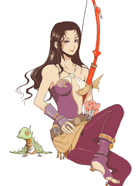 maria (ff2), final fantasy, final fantasy ii, 1980s (style), 1girl, animal, arrow (projectile), bare shoulders, belt, black eyes, black hair, boots, bow (weapon), breasts, female focus, lizard, long hair, pantyhose, quiver, retro artstyle, sitting, solo, weapon, white background