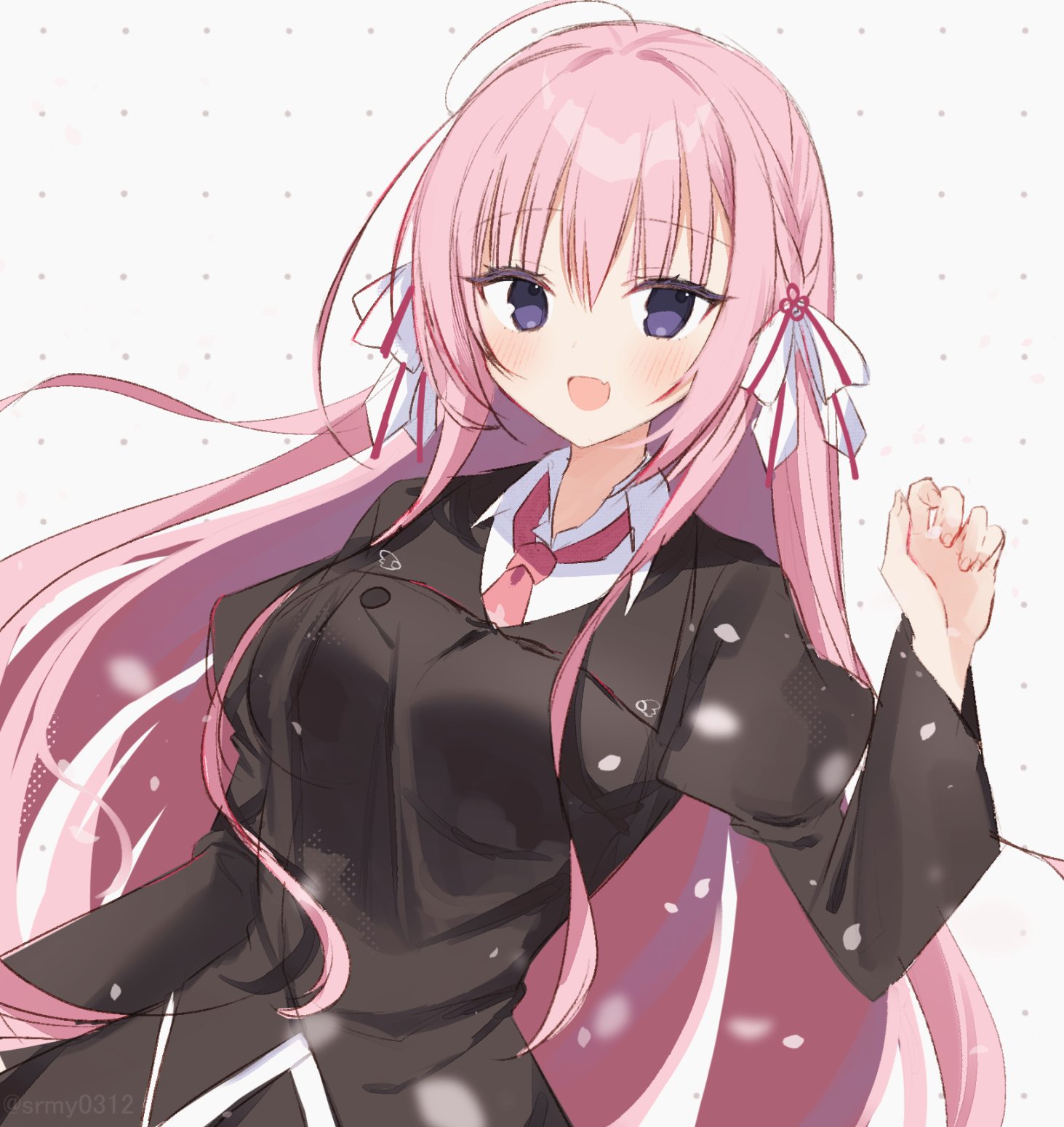 aiyan, sakura no uta, commentary, highres, 1girl, :d, ahoge, black jacket, blush, bow, braid, breasts, collared shirt, cowboy shot, eyelashes, fang, floating hair, hair between eyes, hair bow, hair ribbon, hand up, happy, jacket, juliet sleeves, large breasts, long hair, long sleeves, looking at viewer, necktie, open mouth, pink hair, pink necktie, puffy sleeves, purple eyes, red ribbon, ribbon, sakizaki sakurako, shirt, side braid, sidelocks, simple background, skin fang, smile, solo, straight hair, very long hair, white background, white bow, white shirt, wide sleeves