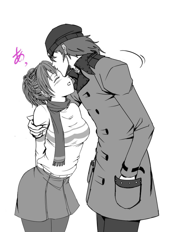 suta furachina, aragaki shinjirou, shiomi kotone, atlus, persona, persona 3, persona 3 portable, 1boy, 1girl, arms behind back, beanie, blush, closed eyes, coat, couple, greyscale, hat, hetero, kiss, kissing forehead, monochrome, pantyhose, scarf, skirt, trench coat
