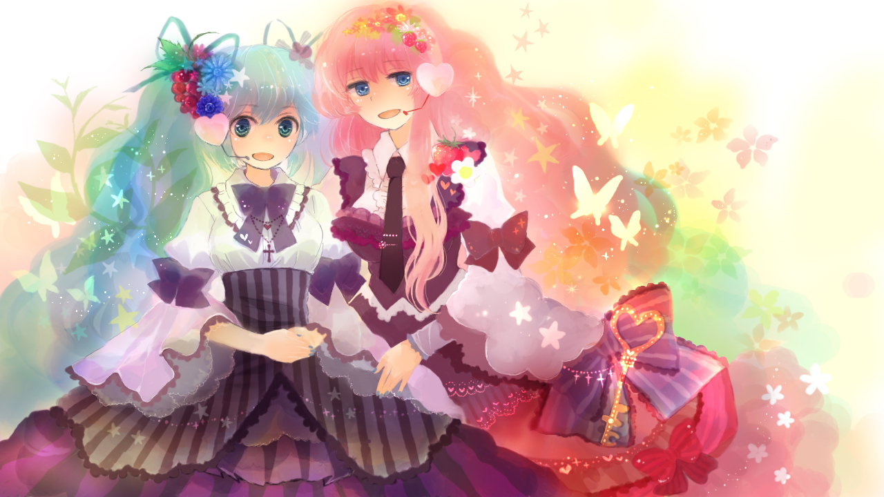 hatsune miku, megurine luka, vocaloid, 2girls, aqua eyes, aqua hair, blue eyes, bug, butterfly, dress, flower, hair flower, hair ornament, long hair, multiple girls, necktie, pink hair, smile, twintails, very long hair