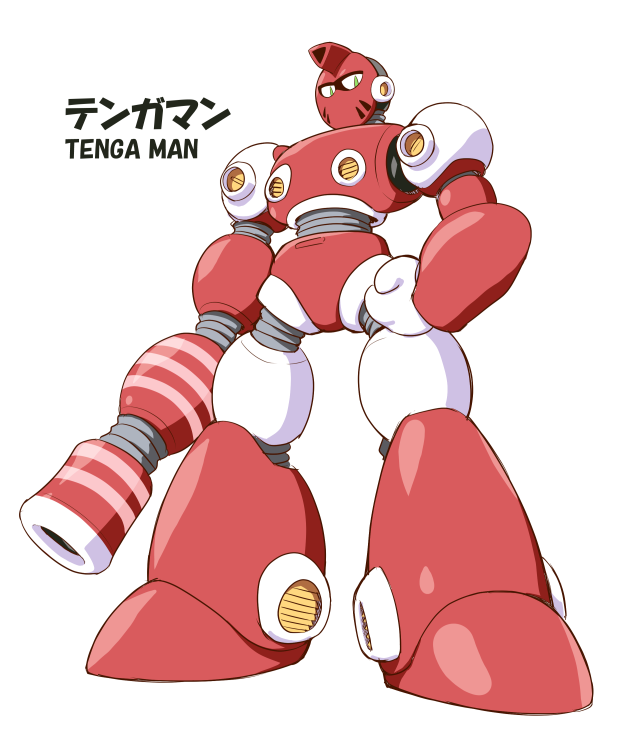 kaneda mitsuko, mega man: dual override, mega man (classic), original, tenga, commentary, 1boy, armor, artificial vagina, character name, clenched hand, dildo, full body, japanese text, joints, looking at viewer, male focus, mask, mmdo design contest, red armor, robot, robot joints, sex toy, simple background, solo, standing, white background, yellow eyes