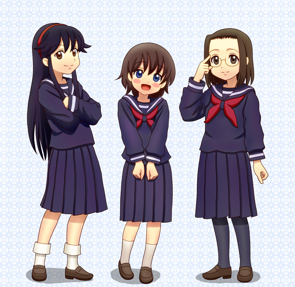 chunpai, hitotsubashi yurie, saegusa matsuri, shijou mitsue, kamichu!, brown footwear, 00s, 3girls, adjusting eyewear, black hair, black pantyhose, blue eyes, blue skirt, blush, blush stickers, brown eyes, brown hair, glasses, hairband, loafers, long hair, looking at viewer, multiple girls, neckerchief, open mouth, pantyhose, pleated skirt, sailor collar, school uniform, serafuku, shoes, short hair, simple background, skirt, smile, socks, standing, white socks