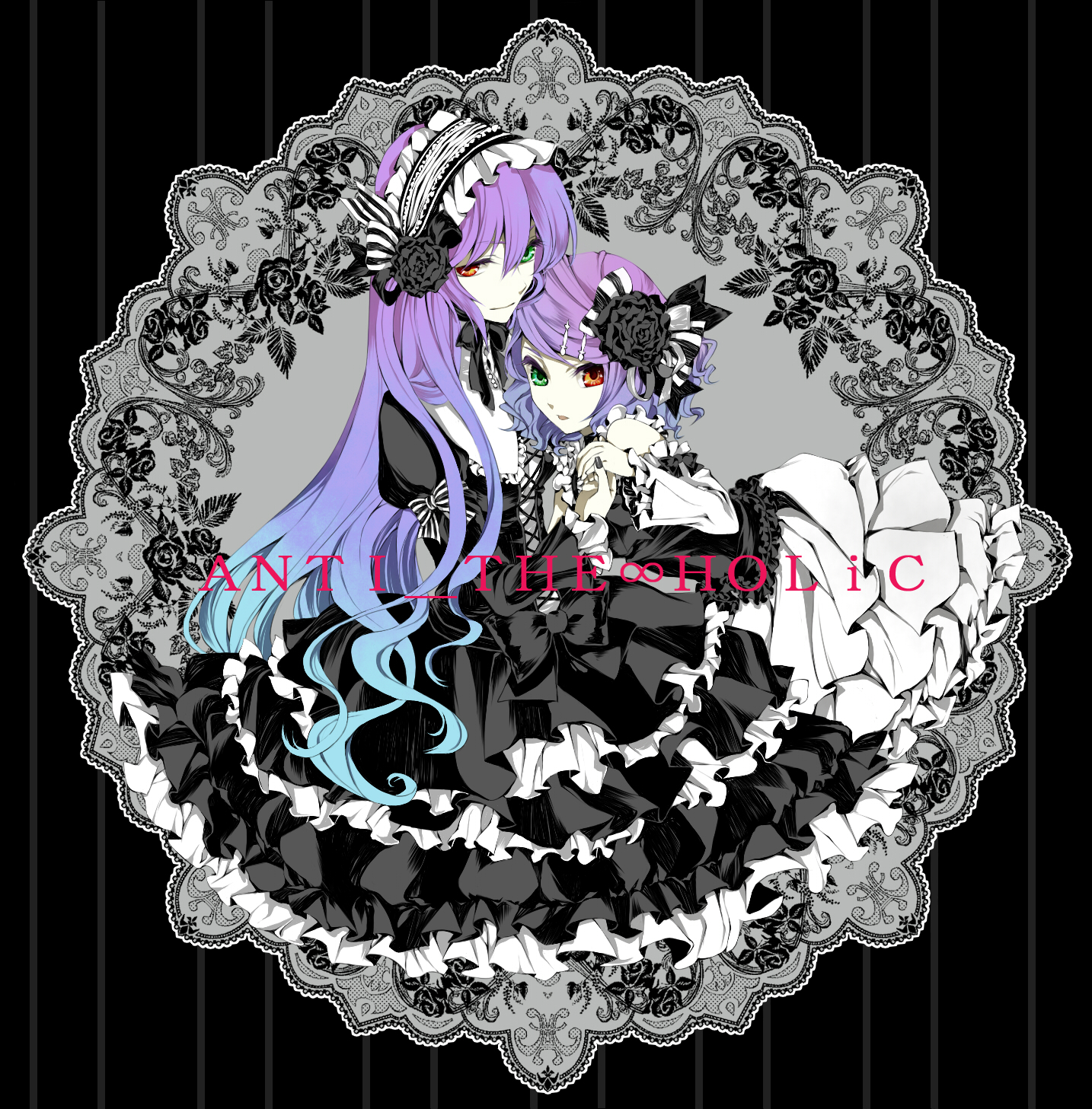macco, kagamine rin, megurine luka, anti the holic (vocaloid), anti the infinite holic (vocaloid), vocaloid, bad id, bad piapro id, highres, 2girls, dress, flower, frills, gothic lolita, gradient hair, green eyes, hair flower, hair ornament, hair ribbon, hairband, hairclip, heterochromia, lolita fashion, long hair, multicolored hair, multiple girls, purple hair, red eyes, ribbon, rose, short hair