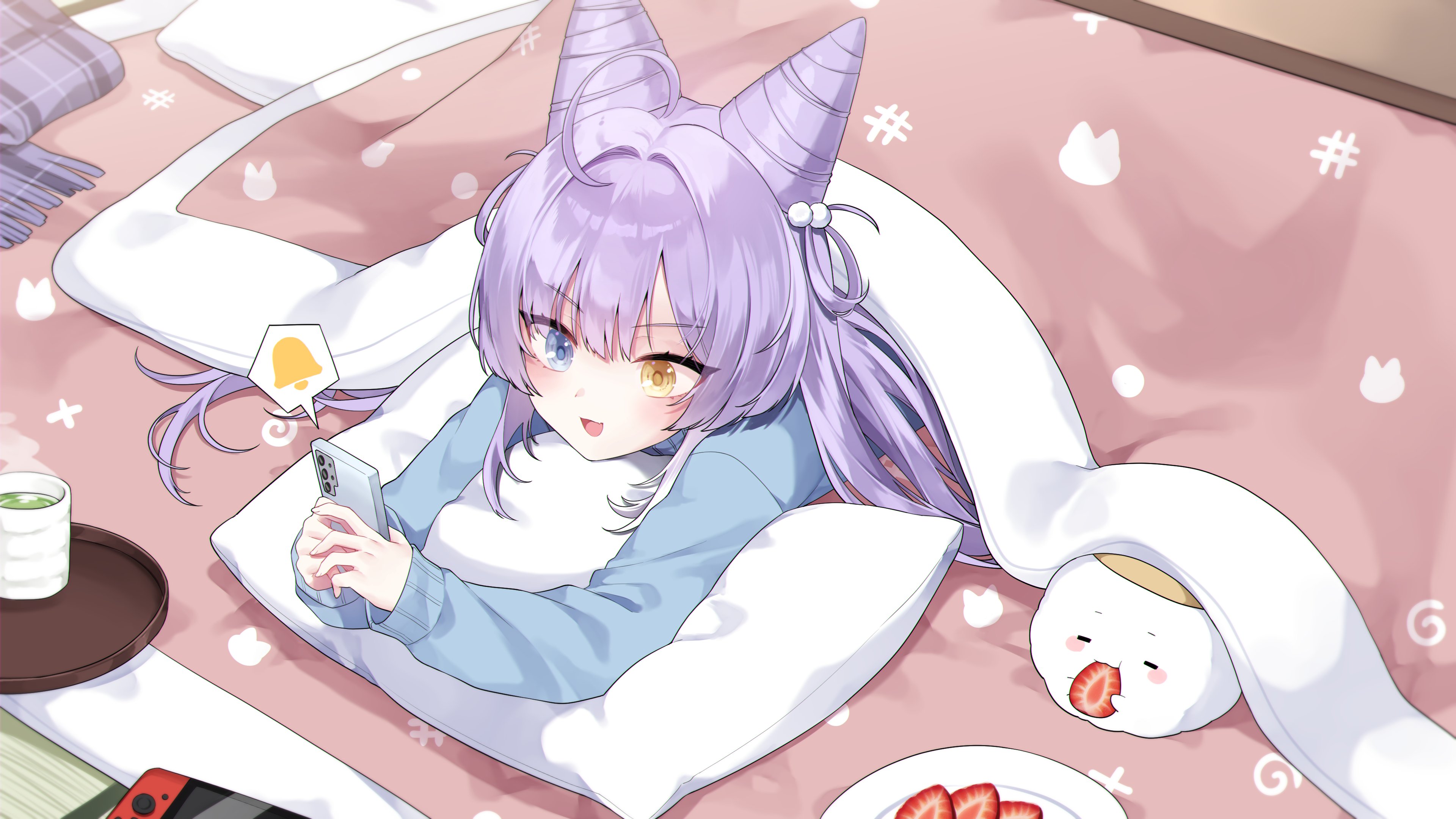 dabi (15dldl15), tenko shibuki, stellive, absurdres, commentary request, commission, highres, korean commentary, 1girl, :d, ahoge, blue eyes, blue shirt, cellphone, choppy bangs, coffee mug, cone hair bun, cup, double bun, food, fruit, hair bun, hair intakes, hair ornament, hair rings, heterochromia, holding, holding phone, inari (tenko shibuki), kotatsu, long hair, long sleeves, lying, mug, on pillow, on stomach, open mouth, phone, pom pom (clothes), pom pom hair ornament, purple hair, shirt, smartphone, smile, solo, speech bubble, spoken object, strawberry, strawberry slice, table, under kotatsu, under table, virtual youtuber, yellow eyes
