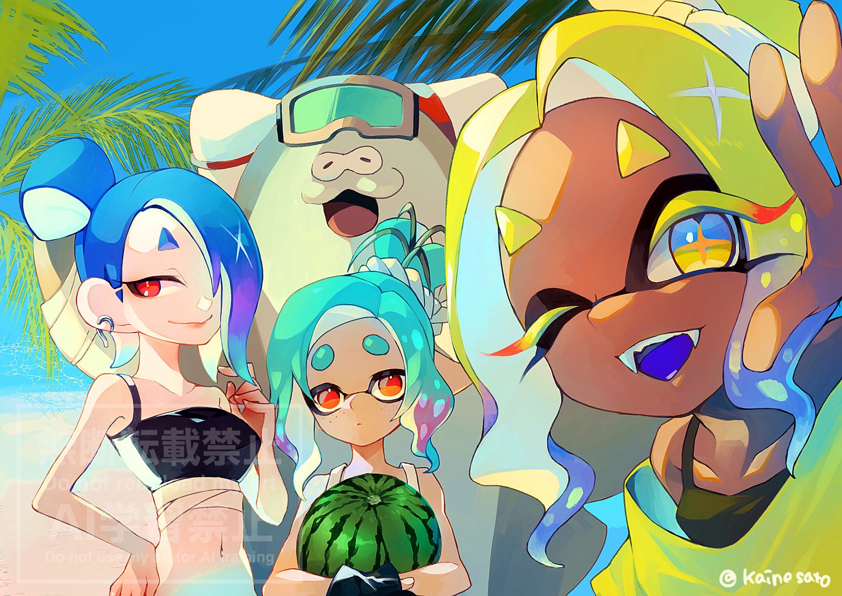 kainesato, big man (splatoon), frye (splatoon), frye (splatoon raiders), mechanic (splatoon raiders), shiver (splatoon), shiver (splatoon raiders), nintendo, splatoon (series), splatoon raiders, hashtag-only commentary, highres, 1boy, 3girls, aqua hair, beach, blonde hair, blue hair, blue sky, breasts, closed mouth, colored eyelashes, colored tips, dark-skinned female, dark skin, earrings, fangs, fish hook earrings, food, freckles, fruit, hair over one eye, holding, holding food, holding fruit, inkling, jewelry, looking at viewer, medium breasts, multicolored hair, multiple girls, navel, octoling, one eye closed, open mouth, outdoors, palm tree, ponytail, purple hair, red eyes, shawl, short eyebrows, single earring, sky, smile, teeth, thick eyebrows, tree, two-tone hair, watermark, watermelon, yellow shawl