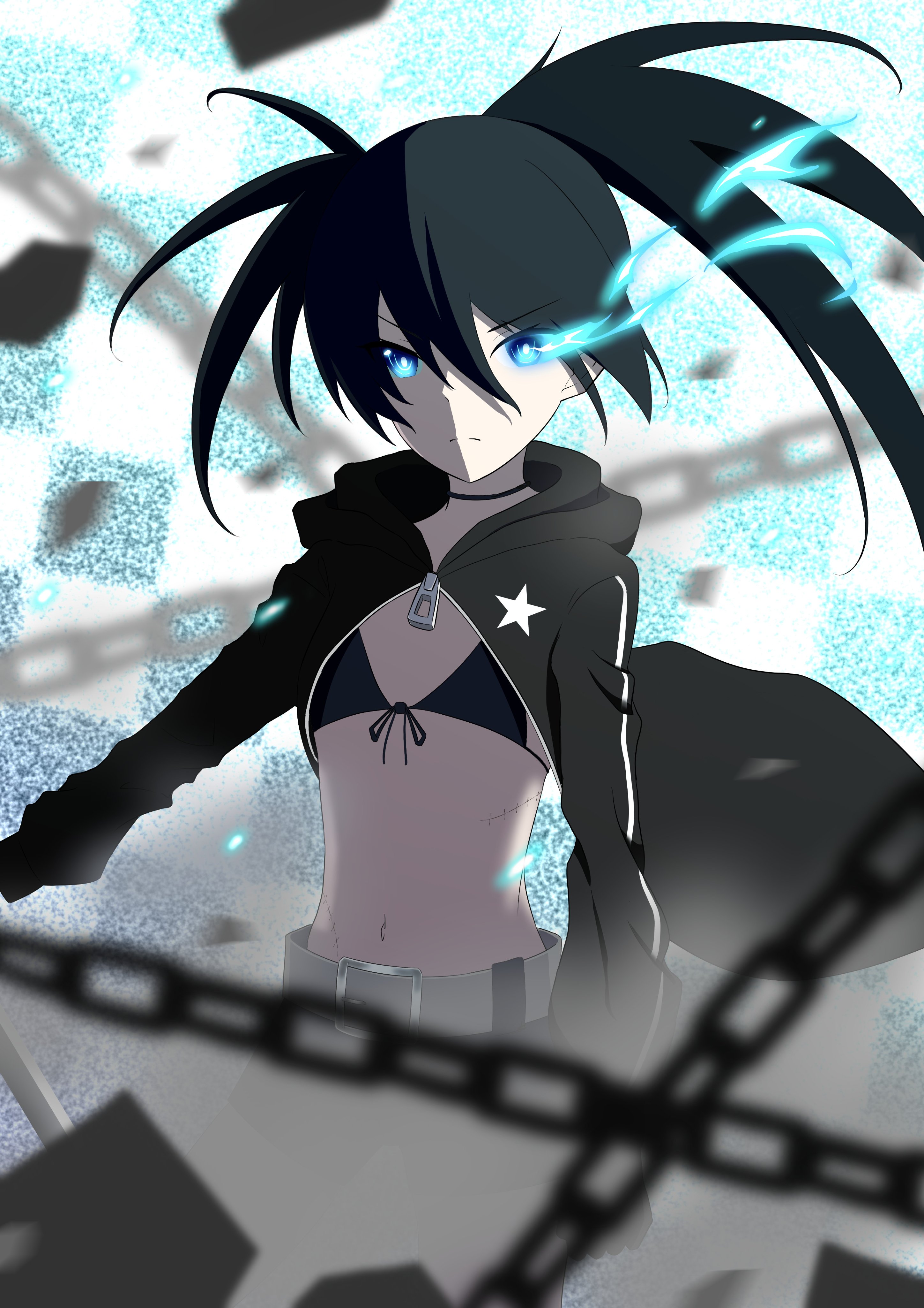 amakuchi raisu, black rock shooter (character), black rock shooter, absurdres, commentary request, highres, 1girl, belt, bikini, bikini top only, black coat, chain, coat, flaming eye, front-tie bikini top, front-tie top, glowing, glowing eye, open clothes, open coat, pale skin, scar, star (symbol), swimsuit, twintails, uneven twintails, zipper pull tab
