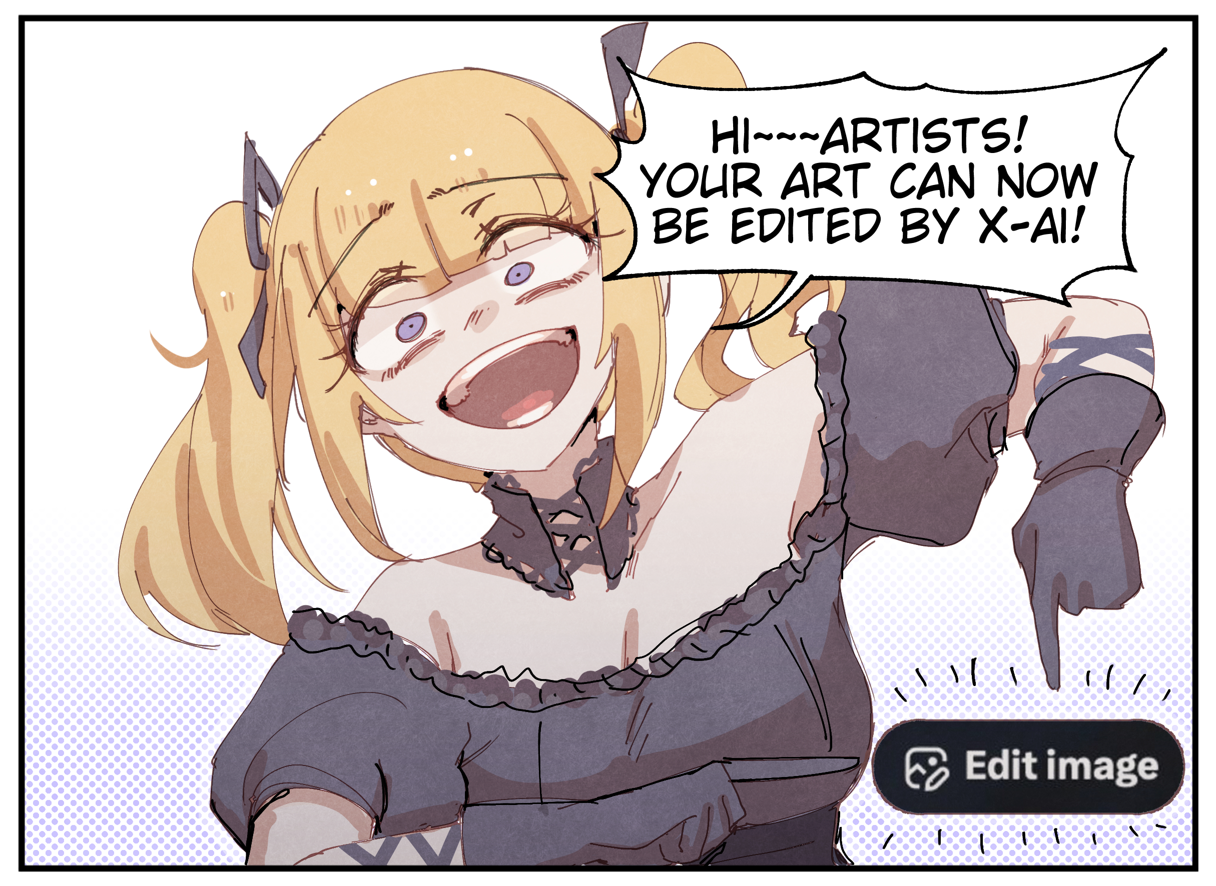 at2., merryweather, ani (xai), twitter, commentary, english commentary, highres, 1girl, black dress, black gloves, black ribbon, blonde hair, breasts, cleavage, dress, english text, gloves, hair ribbon, large breasts, long hair, looking at viewer, open mouth, pointing, purple eyes, ribbon, simple background, smile, solo, speech bubble, teeth, tongue, twintails, twitter's edit image button, upper body