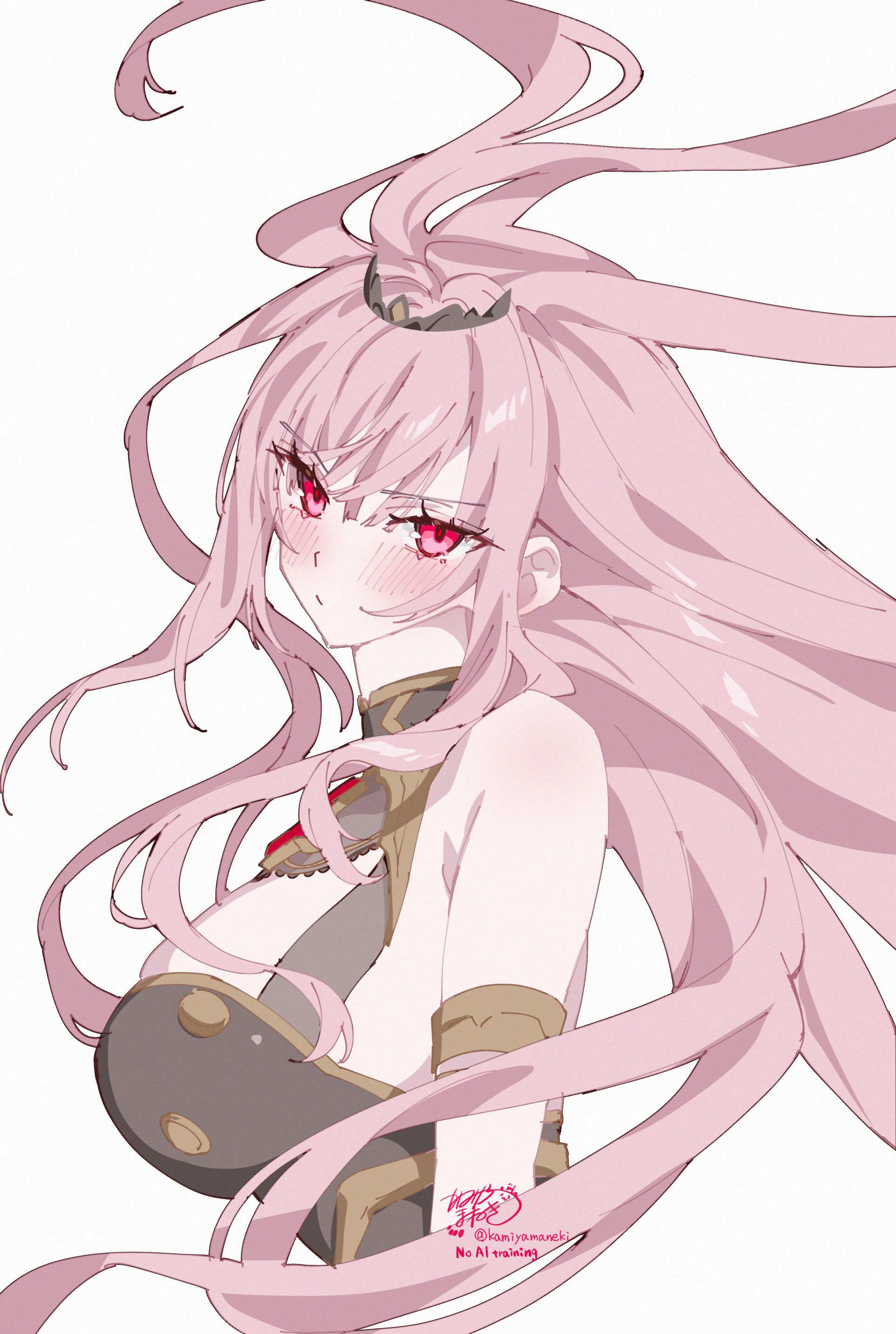 kamiya maneki, mori calliope, mori calliope (1st costume), hololive, hololive english, absurdres, highres, 1girl, bare shoulders, black tiara, blush, breasts, cleavage, dress, large breasts, long hair, looking at viewer, pink eyes, pink hair, signature, simple background, solo, tiara, twitter username, upper body, virtual youtuber, white background