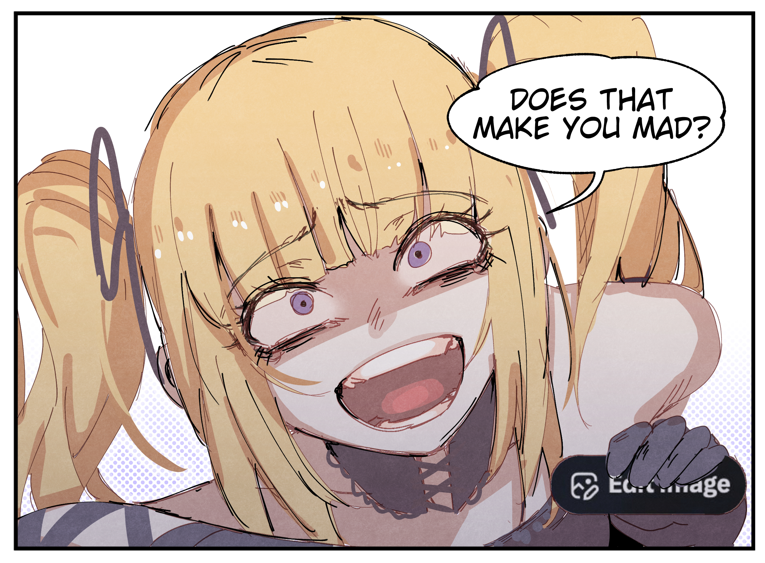 at2., merryweather, ani (xai), twitter, commentary, english commentary, highres, 1girl, black dress, black gloves, black ribbon, blonde hair, breasts, dress, english text, evil smile, gloves, hair ribbon, large breasts, leaning forward, long hair, open mouth, purple eyes, ribbon, simple background, smile, solo, speech bubble, teeth, tongue, twintails, twitter's edit image button