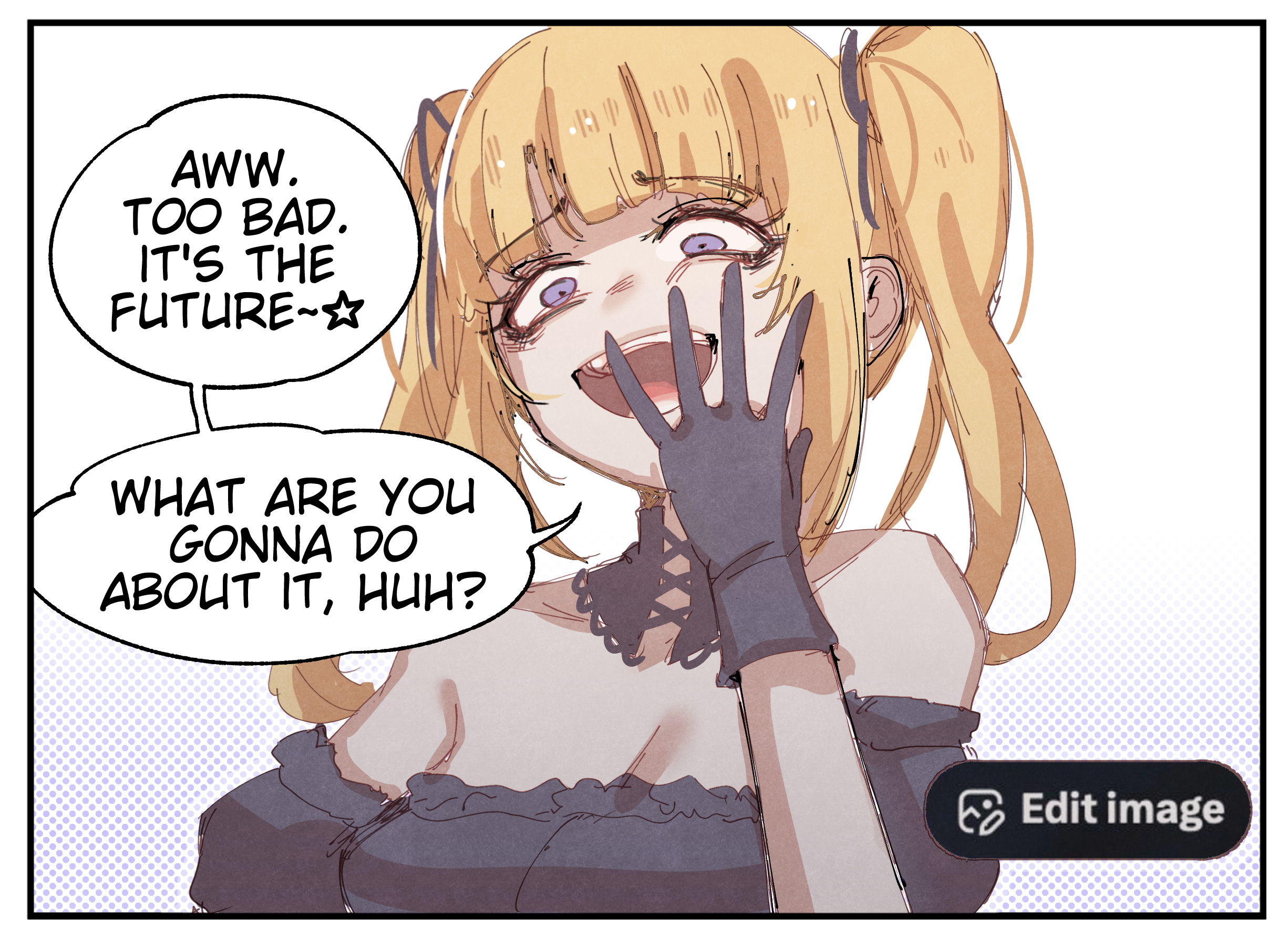 at2., merryweather, ani (xai), twitter, commentary, english commentary, highres, 1girl, black dress, black gloves, black ribbon, blonde hair, breasts, cleavage, dress, english text, gloves, hair ribbon, large breasts, laughing, long hair, open mouth, purple eyes, ribbon, simple background, solo, speech bubble, teeth, twintails, twitter's edit image button