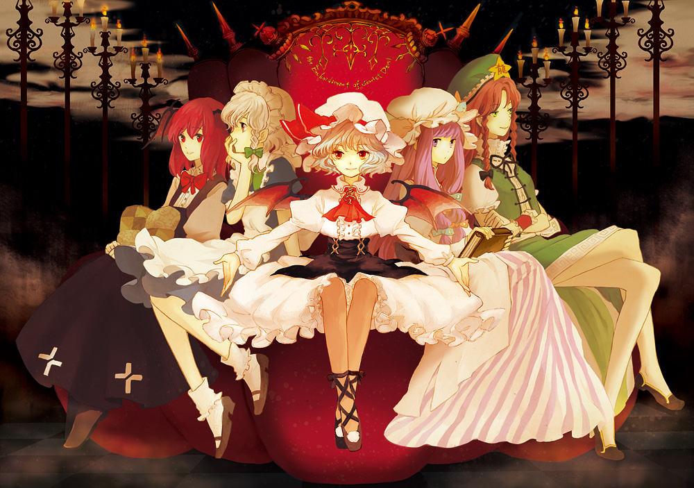 sugi, hong meiling, izayoi sakuya, koakuma, patchouli knowledge, remilia scarlet, embodiment of scarlet devil, touhou, silver hair, 5girls, bat wings, blue hair, book, braid, candle, china dress, chinese clothes, dress, female focus, green eyes, hairband, hat, head wings, long hair, maid, multiple girls, outstretched arms, purple eyes, purple hair, red eyes, red hair, ribbon, short hair, sitting, sky, twin braids, wings
