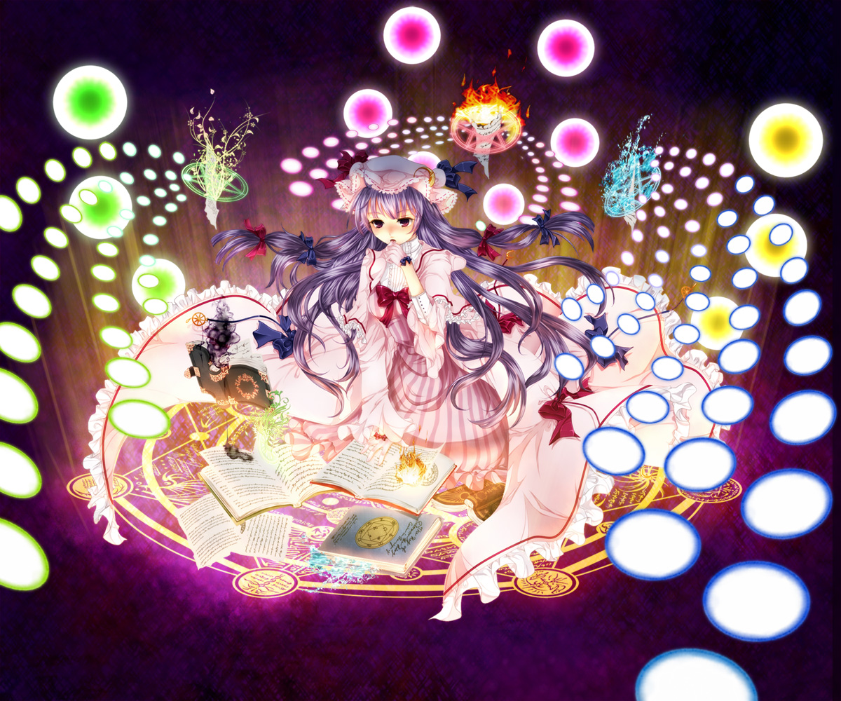 geike, patchouli knowledge, touhou, bad id, bad pixiv id, 1girl, blue bow, book, bow, capelet, crescent, crescent hair ornament, danmaku, dress, female focus, fire, frilled capelet, frills, hair bow, hair ornament, hat, long hair, long sleeves, magic circle, multiple hair bows, open book, purple eyes, purple hair, red bow, solo, star (symbol), striped clothes, striped dress, vertical-striped clothes, vertical-striped dress