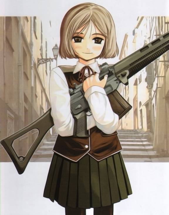 aida yuu, henrietta (gunslinger girl), gunslinger girl, sig sauer, 00s, 1girl, assault rifle, bob cut, brown eyes, brown hair, female focus, gun, pantyhose, rifle, short hair, skirt, solo, weapon