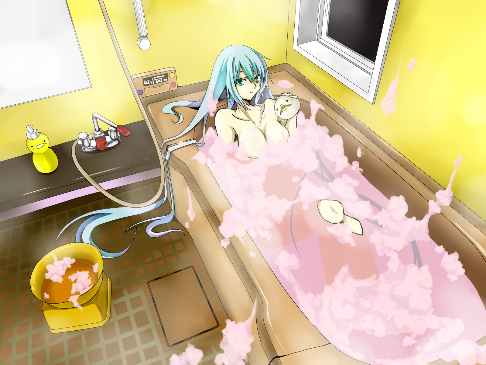 hatsune miku, vocaloid, artist request, bad id, bad piapro id, highres, 1girl, aqua eyes, aqua hair, bath, bath stool, bathing, bathroom, bathtub, breasts, bubble, bubble bath, female focus, from above, indoors, long hair, nude, solo, stool, very long hair