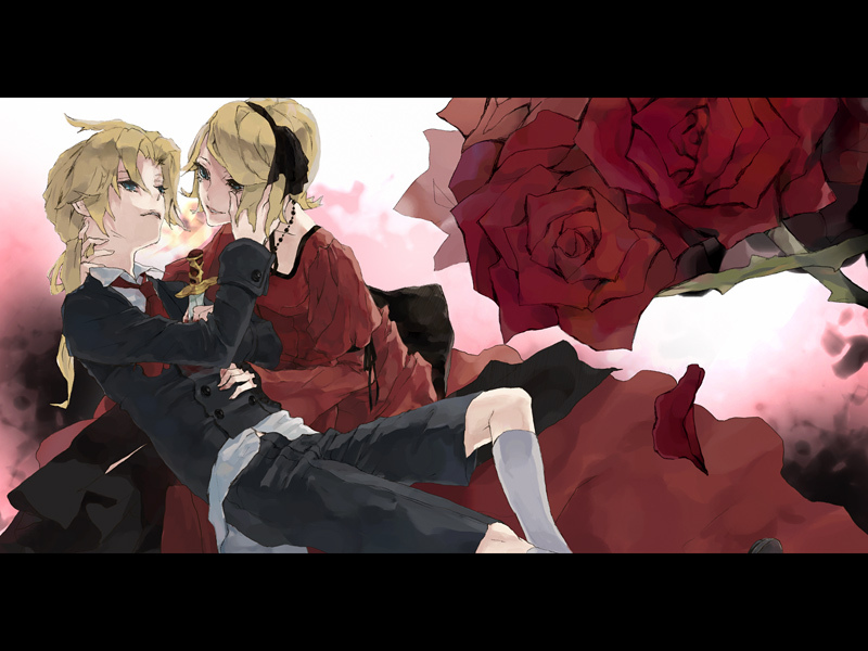 kagamine len, kagamine rin, vocaloid, bad id, bad piapro id, 1boy, 1girl, aqua eyes, blonde hair, blood, brother and sister, buttons, dagger, double-breasted, dress, flower, formal clothes, hair ribbon, hairband, jewelry, knife, letterboxed, long sleeves, necklace, necktie, petals, red dress, red flower, red necktie, red rose, ribbon, rose, short hair, shorts, siblings, smile, suit, twins, victorian, weapon