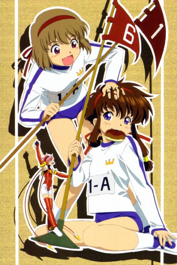 clamp, hikaru (angelic layer), kizaki tamayo, suzuhara misaki, angelic layer, 2girls, blue eyes, bread, brown hair, buruma, flag, food, gym uniform, low-tied sidelocks, mouth hold, multiple girls, numbered flag, purple eyes, short hair with long locks, sidelocks