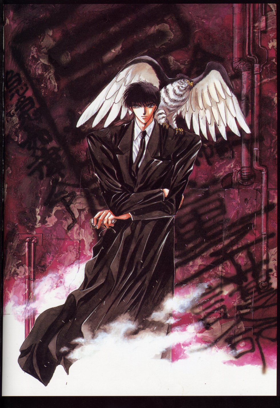 clamp, sakurazukamori seishirou, x (manga), highres, 1boy, bird, black hair, falcon, formal clothes, glasses, male focus, necktie, one-eyed, short hair