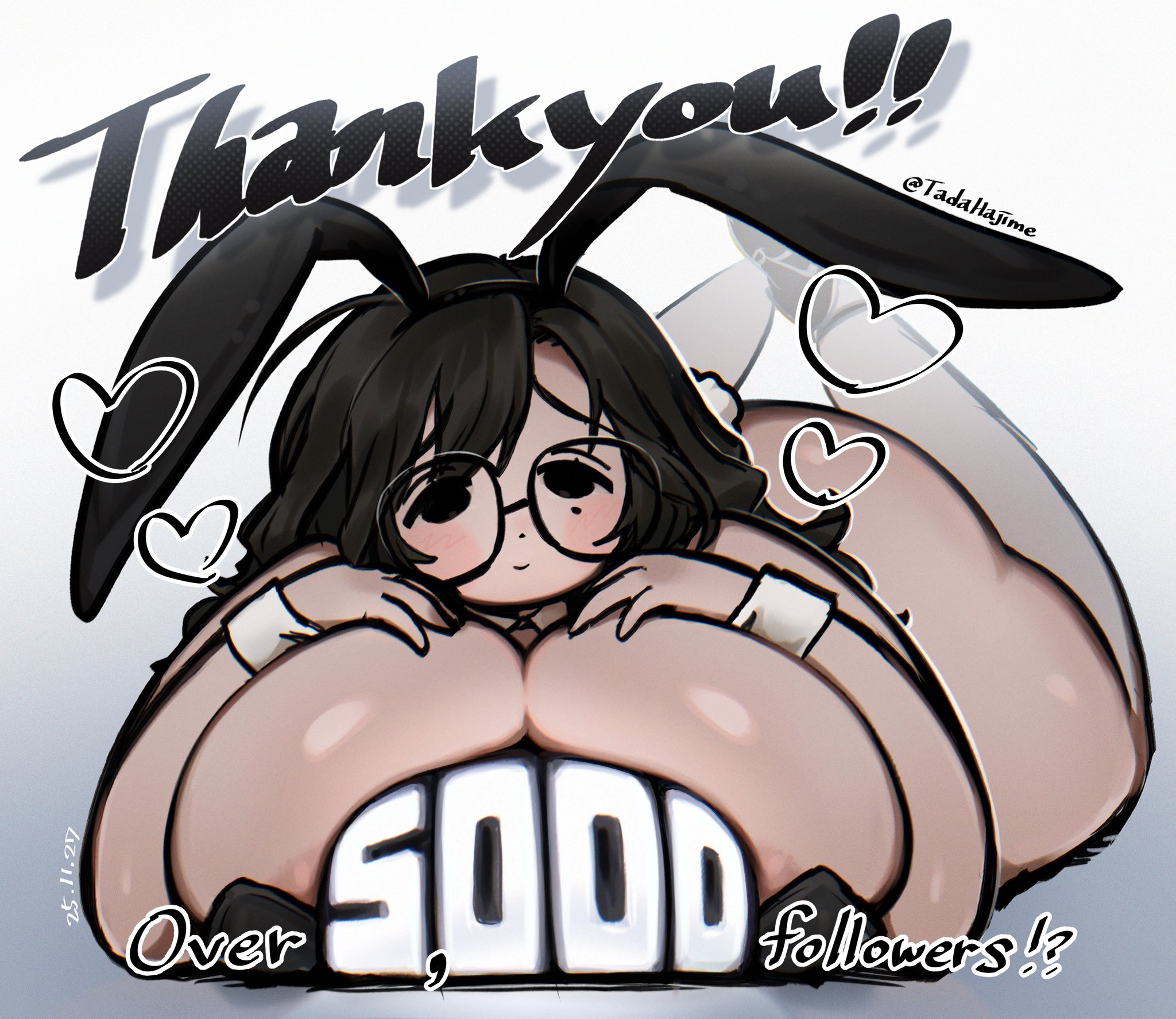 tada hajime, original, commentary, english commentary, highres, animal ears, areola slip, ass, black-framed eyewear, black eyes, black hair, breasts, curvy, dated, english text, fat, glasses, gradient background, grey background, hands on own chest, huge ass, huge breasts, light smile, long hair, looking at viewer, lying, milestone celebration, no pupils, no sclera, on stomach, rabbit ears, raised eyebrows, thick thighs, thighs, twitter username, white background, white wrist cuffs, wrist cuffs
