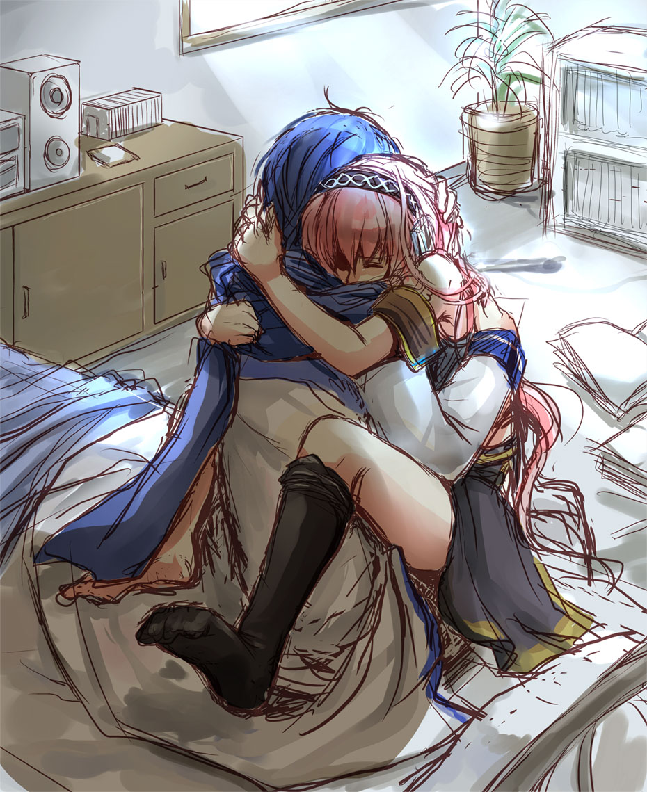 mizunoto, mizunoto+, kaito (vocaloid), megurine luka, vocaloid, hand on head, bad id, bad pixiv id, 1boy, 1girl, bed, blue hair, blue scarf, cd, closed eyes, clothed sex, comforting, couple, from above, headphones, hetero, hug, indoors, long hair, pink hair, plant, scarf, sex, sketch, socks, stereo, straddling, tears, upright straddle, vaginal, very long hair
