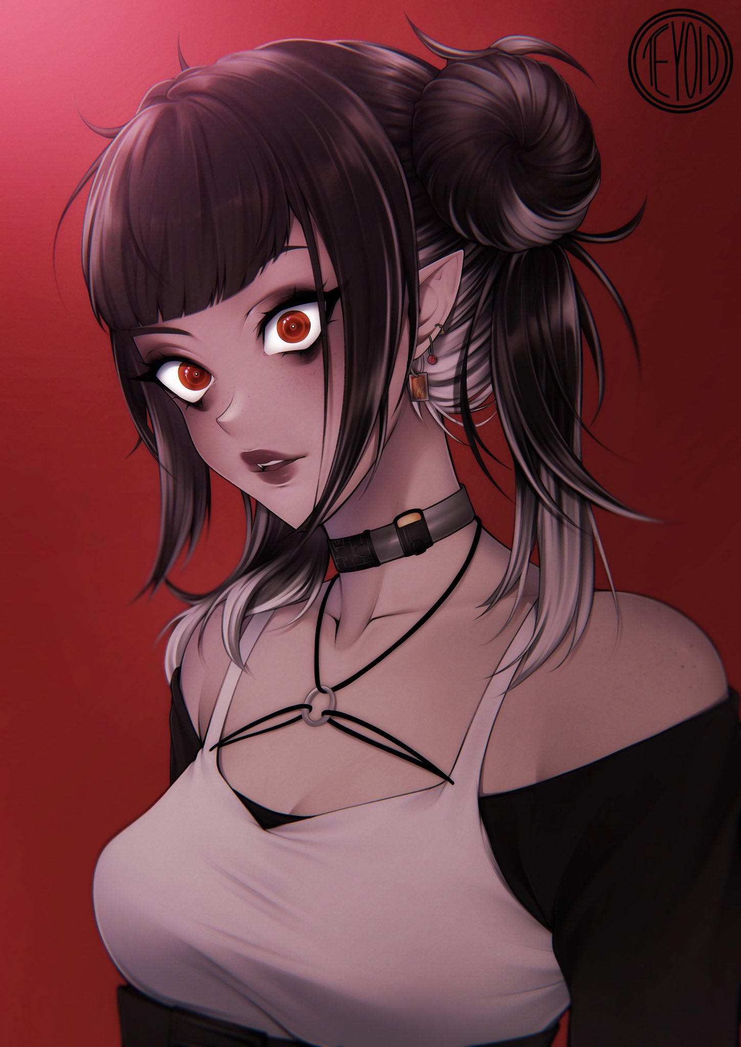 teyoid, original, commentary, highres, 1girl, bare shoulders, black hair, blunt bangs, breasts, cleavage, collarbone, constricted pupils, ear piercing, grey hair, hair bun, lips, looking at viewer, medium breasts, medium hair, multicolored hair, nose, o-ring, parted lips, piercing, pointy ears, red background, red eyes, red lips, single hair bun, solo, tank top, upper body, white tank top