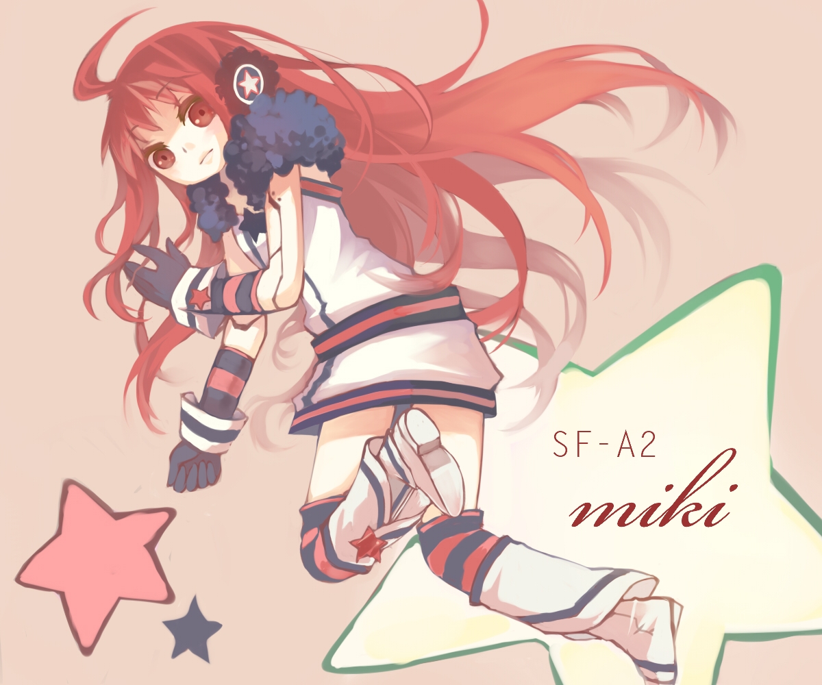 sf-a2 miki, vocaloid, multicolored legwear, bad id, bad pixiv id, 1girl, ahoge, boots, female focus, gloves, headphones, kneehighs, long hair, red eyes, red hair, socks, solo, star (symbol), striped clothes, striped socks, thighhighs, very long hair