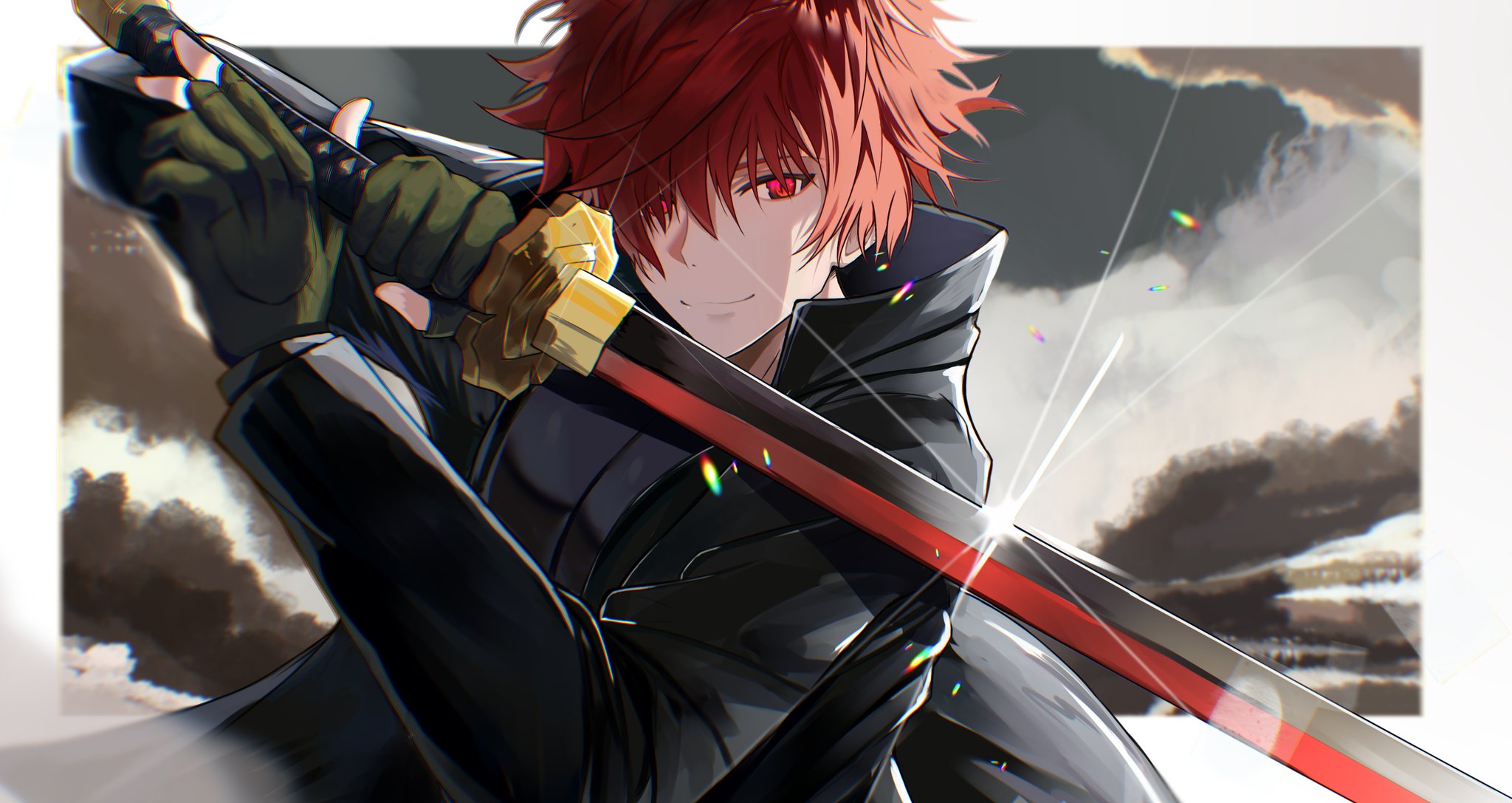 shokobr, original, only, highres, black jacket, closed mouth, gloves, green gloves, hair between eyes, holding, holding sword, holding weapon, jacket, katana, long sleeves, looking at viewer, open clothes, open jacket, red eyes, red hair, short hair, simple background, smile, sword, weapon