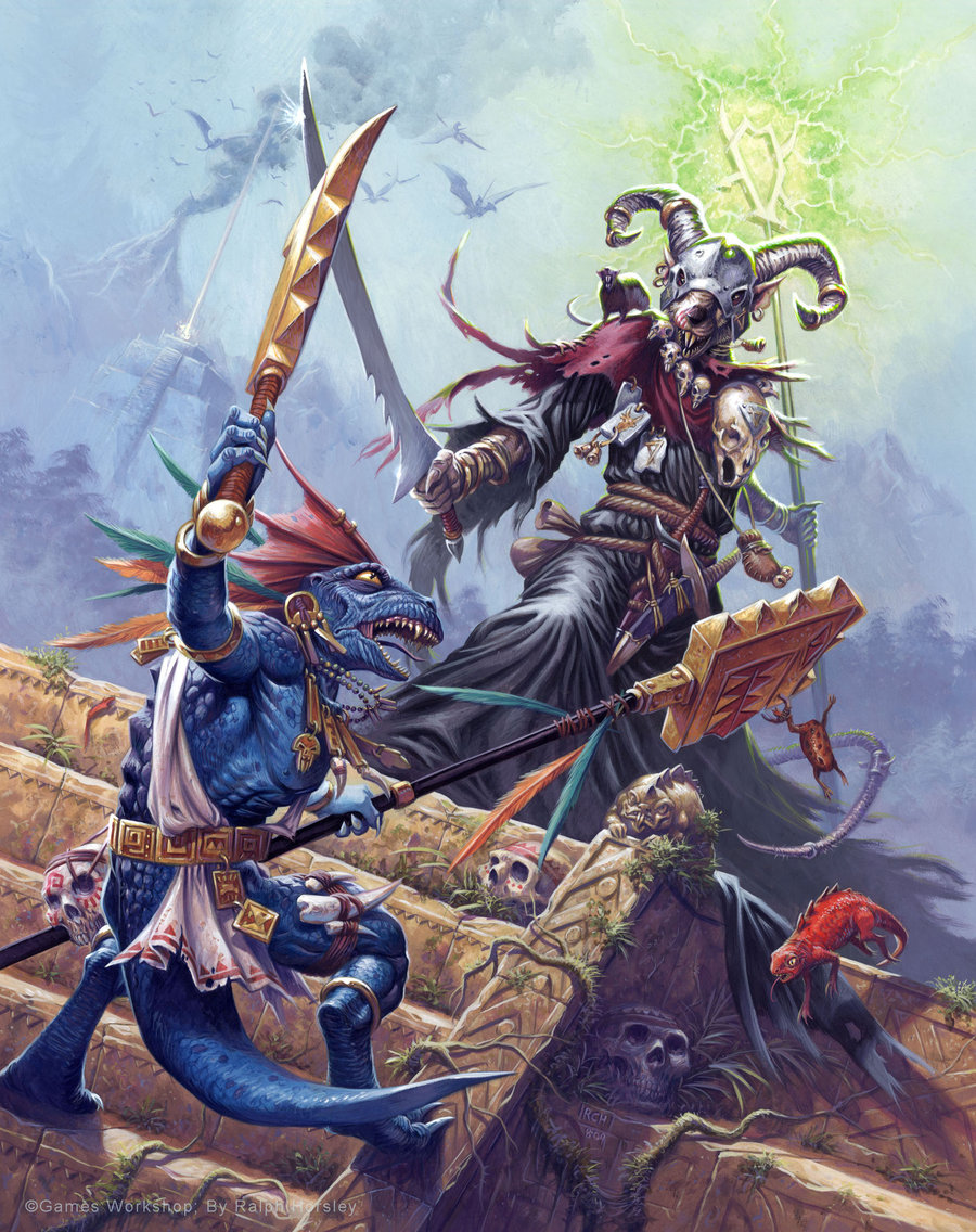 aztec, fantasy, furry, helmet, horns, lizardman, mage, shaman, skull, sword, tribal, warhammer, weapon