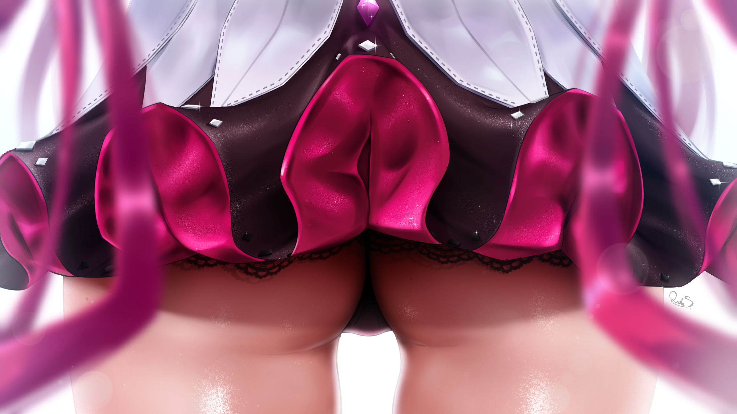 luke s (artist), irys (hololive), irys (irys 2.0) (hololive), hololive, hololive english, commentary, english commentary, highres, 1girl, ass, ass focus, close-up, dress, from behind, lace trim, layered dress, long hair, microdress, panties, purple hair, purple panties, shiny skin, simple background, solo, underbutt, underwear, upskirt, virtual youtuber, white background