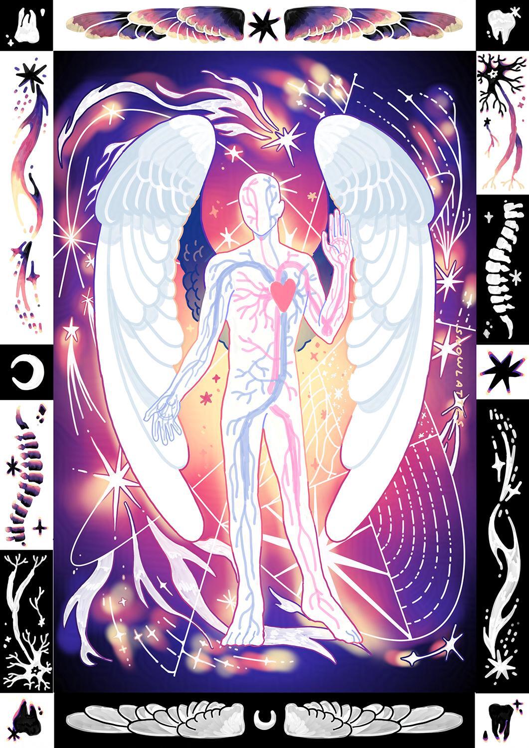 neuron, snowlattes, original, commentary, english commentary, highres, anatomy, angel, angel wings, barefoot, black border, bone, border, colored skin, crescent, diagram, faceless, feathered wings, full body, galaxy, gradient wings, hand up, heart, multicolored wings, ornate border, purple background, purple theme, purple wings, shooting star, solo, spine, standing, star (sky), star (symbol), tooth, veins, white border, white skin, white wings, wings