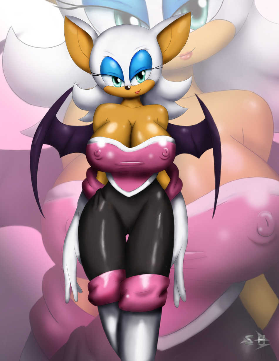 rouge the bat, sonic (series), sh, highres, breasts, cleavage, furry, smile, wings