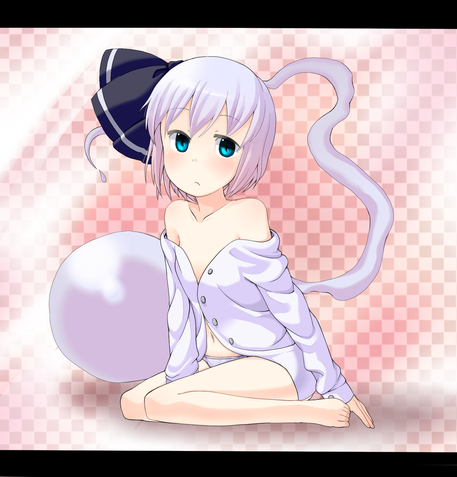 muku (muku-coffee), konpaku youmu, konpaku youmu (ghost), touhou, silver hair, highres, 1girl, bare shoulders, barefoot, blue eyes, collarbone, dress shirt, female focus, flat chest, ghost, hairband, letterboxed, no bra, no pants, panties, shirt, short hair, sitting, solo, underwear, wariza