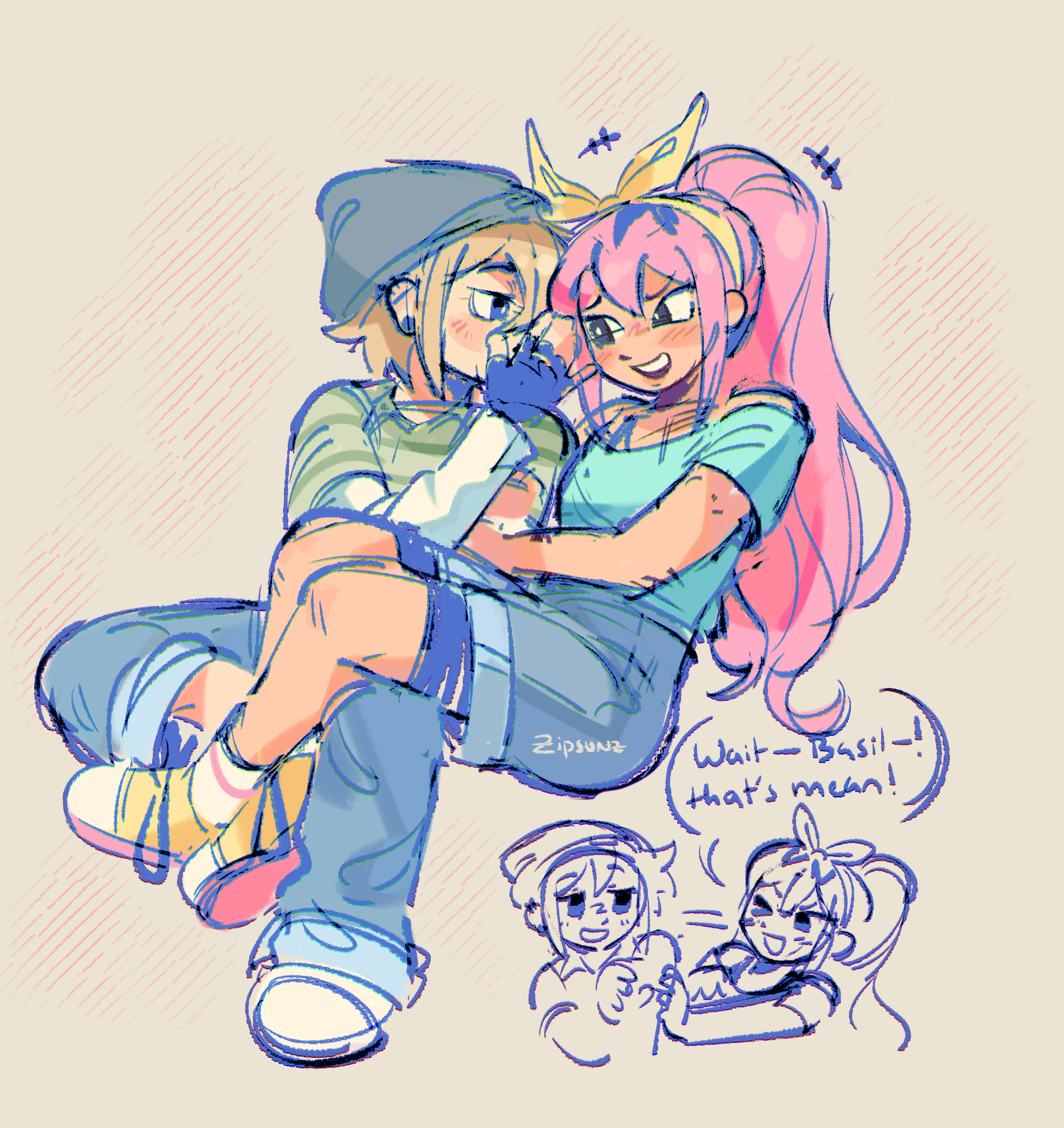 zipsunz, aubrey (faraway) (omori), aubrey (omori), basil (faraway) (omori), basil (omori), omori, commentary, english commentary, highres, > o, +++, 1boy, 1girl, alternate costume, alternate hairstyle, alternate universe, artist name, bare shoulders, bike shorts, bike shorts under shorts, black gloves, black shorts, blonde hair, blue eyes, blue pants, blue shirt, blue shorts, bra strap, bright pupils, collared shirt, denim, denim shorts, ear piercing, emori (shrimperini), english text, fingerless gloves, gloves, green shirt, hairband, jeans, long hair, long sleeves, looking at another, multicolored hair, off-shoulder shirt, off shoulder, one eye closed, pants, piercing, pink hair, roots (hair), shirt, shoes, short hair, short sleeves, shorts, sidelocks, sneakers, socks, speech bubble, watermark, white pupils, white socks, yellow hairband, yellow shoes