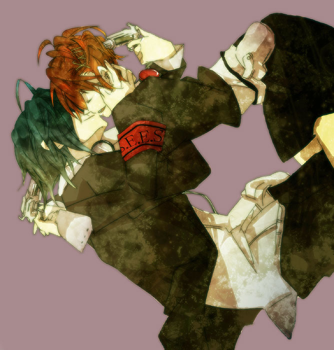 2k25, 2k (pixiv), shiomi kotone, yuuki makoto (persona 3), atlus, persona, persona 3, persona 3 portable, bad id, bad pixiv id, 1boy, 1girl, armband, blue hair, brown hair, closed eyes, couple, evoker, gun, gun to head, hair ornament, hairclip, headphones, hetero, holding, holding gun, holding weapon, school uniform, short hair, skirt, smile, weapon