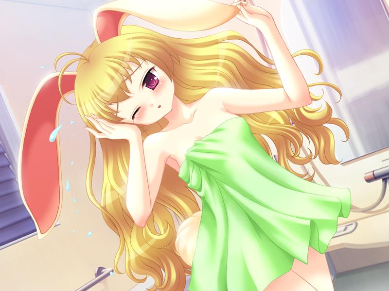 lugosi ela, berry (peropero sasete), peropero sasete, game cg, 1girl, animal ears, berry, blush, female focus, long hair, one eye closed, purple eyes, rabbit ears, rabbit tail, solo, tail, towel, wink