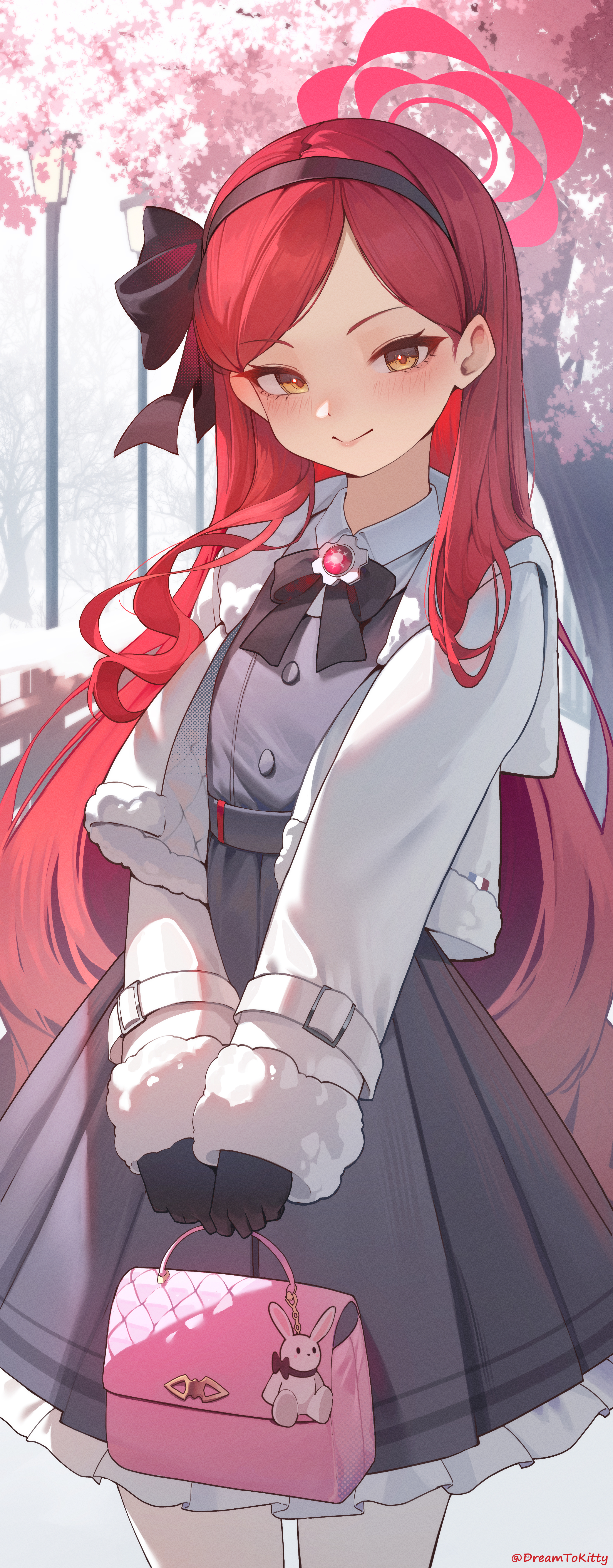 dreamtokitty, takane (blue archive), blue archive, absurdres, commentary, highres, 1girl, :>, artist name, bag, black dress, black gloves, black hairband, blush, bow, cherry blossoms, cowboy shot, dated commentary, dress, fence, frilled dress, frilled skirt, frills, fur-trimmed jacket, fur trim, gloves, hair bow, hairband, halo, holding, holding bag, jacket, lamppost, long hair, looking at viewer, pantyhose, pink halo, pleated skirt, red hair, skirt, solo, stuffed animal, stuffed rabbit, stuffed toy, white jacket, white pantyhose, yellow eyes
