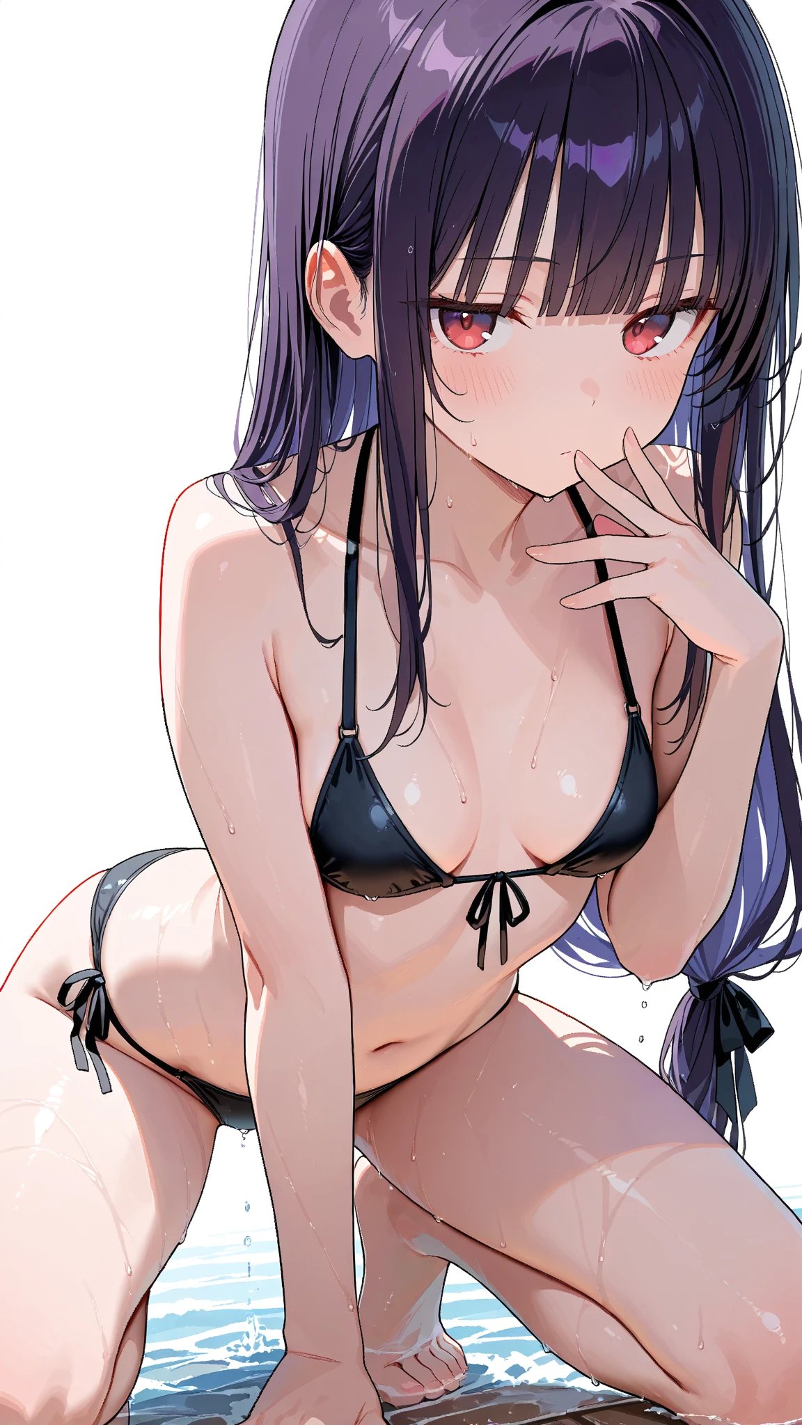 ai-assisted, highres, 1girl, hand to own mouth, kannukiya, kneeling, long hair, looking at viewer, solo, swimsuit, water, wet