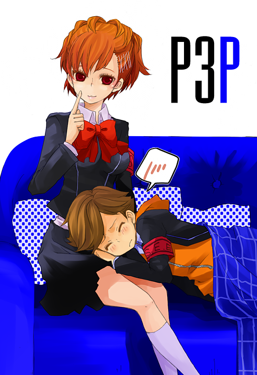 sayu030b, amada ken, shiomi kotone, atlus, persona, persona 3, persona 3 portable, bad id, bad pixiv id, 1boy, 1girl, age difference, armband, blush, bow, breasts, closed eyes, couch, finger to face, hair ornament, hairclip, hood, hoodie, lap pillow, medium breasts, school uniform, short hair, skirt, smile, socks