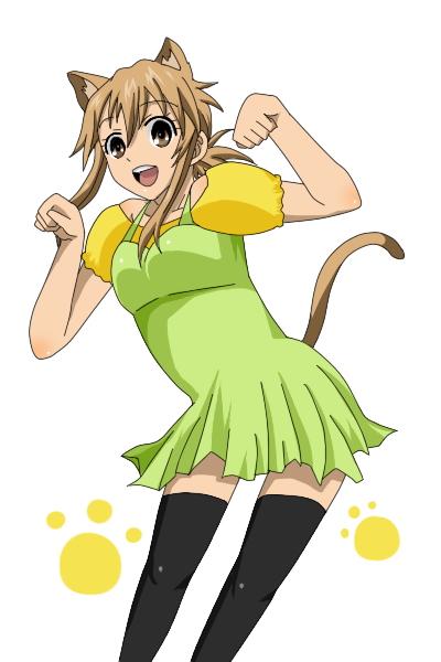 mizuno kaede, nyan koi!, bad id, bad pixiv id, 00s, 1girl, animal ears, black thighhighs, blonde hair, brown eyes, brown hair, cat ears, cat tail, dress, female focus, long hair, paw pose, solo, tail, thighhighs